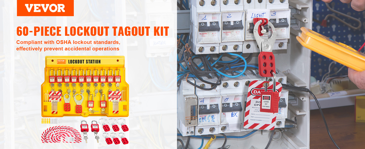 Un kit de estación LOTO amarillo y disyuntores eléctricos asegurados con una etiqueta roja.