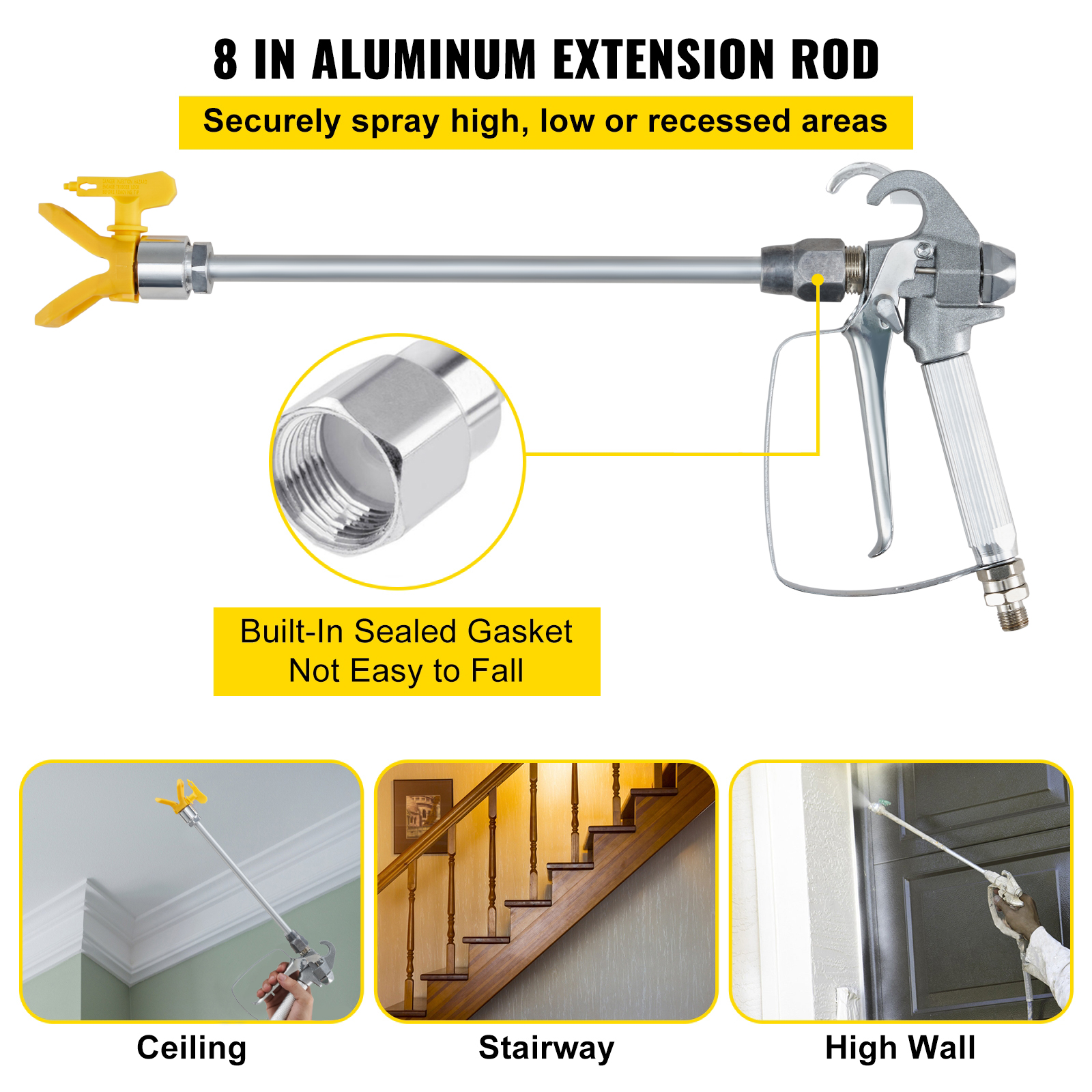 Varilla de extensión de aluminio de 8 pulgadas para pistola de pintura con junta y ejemplos de uso.