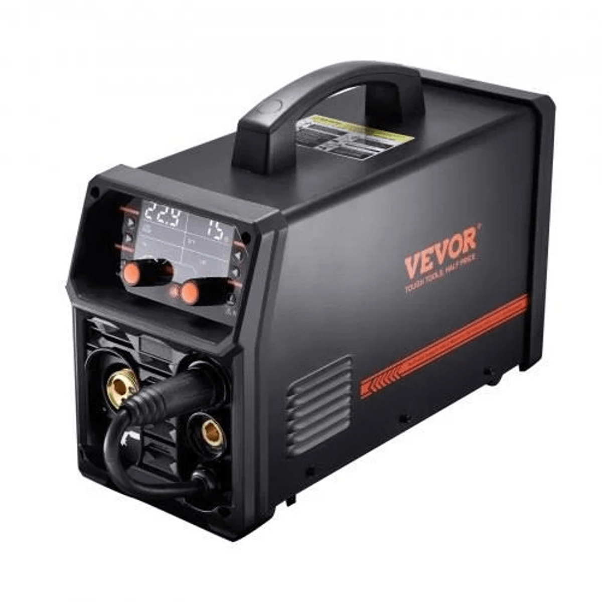 Máquina de soldar portátil Vevor negra con pantallas digitales, detalles naranjas, perillas y asa de transporte.