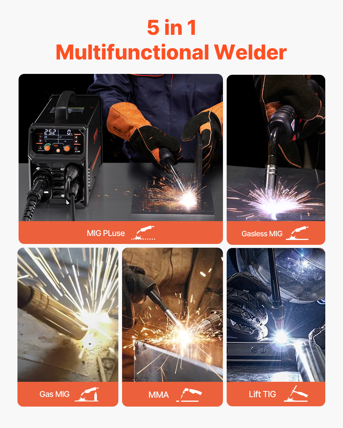 Un soldador multifuncional 5 en 1 con cinco imágenes que muestran los procesos MIG Pluse, Gasless MIG, Gas MIG, MMA y Lift TIG.