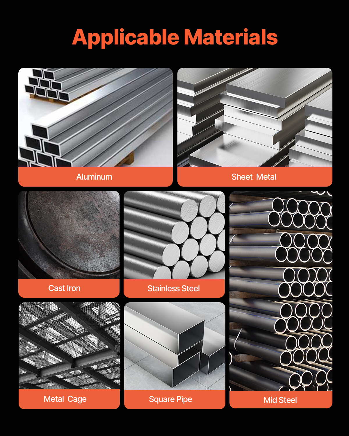 Varios materiales aplicables como aluminio, chapa, hierro fundido y tubos de acero.