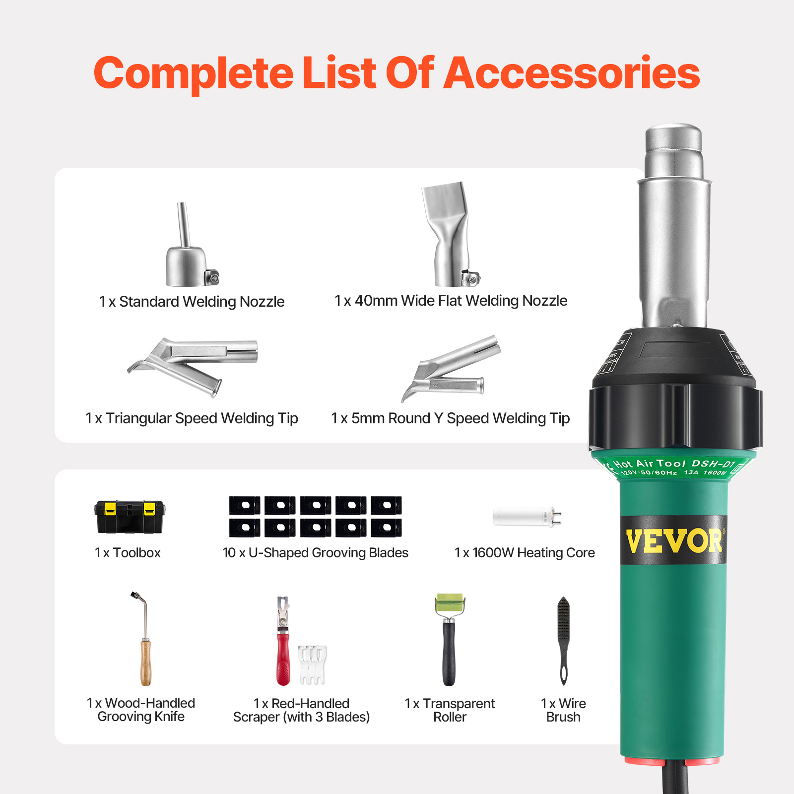 Una herramienta de aire caliente VEVOR y su lista completa de accesorios incluidos.