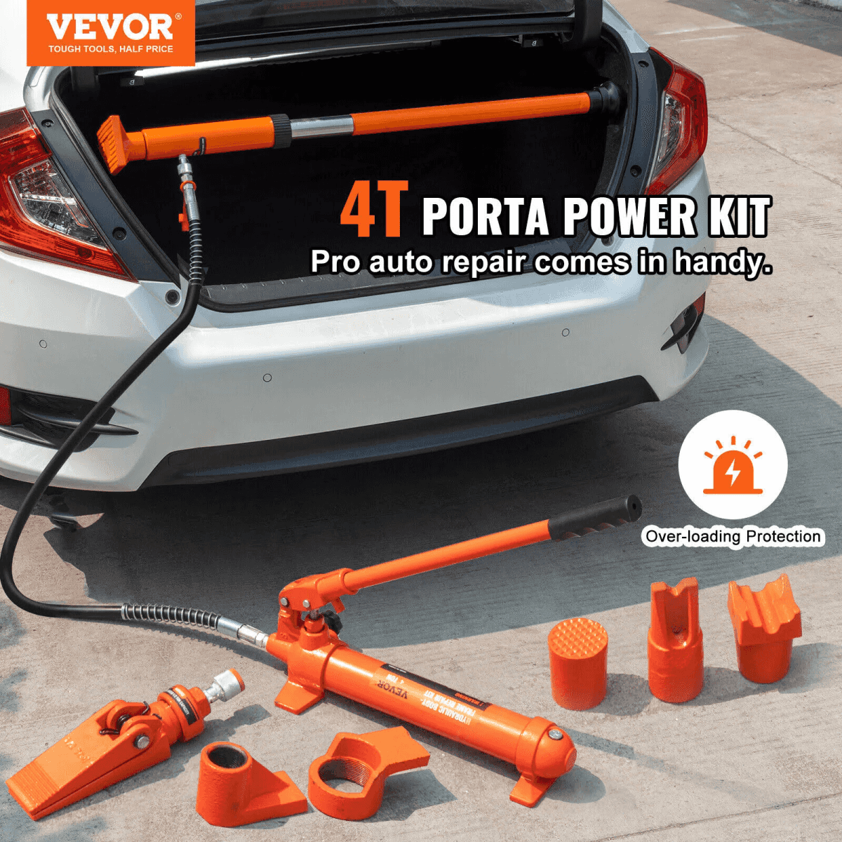 Un kit porta power naranja de 4T con bomba y accesorios se muestra frente a un auto blanco.