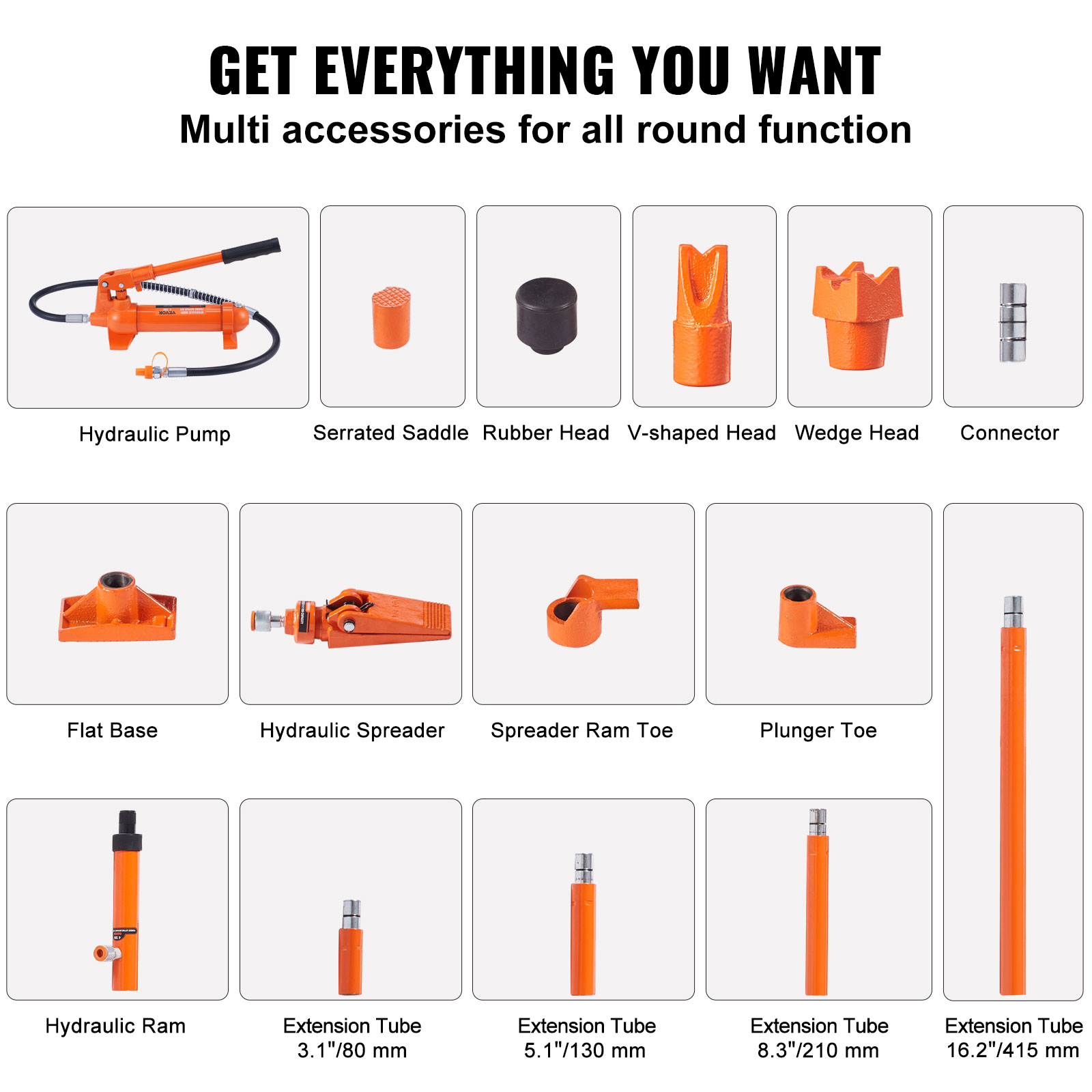 Un gráfico que muestra piezas de bomba hidráulica naranja, cabezas, bases y tubos de extensión con etiquetas.