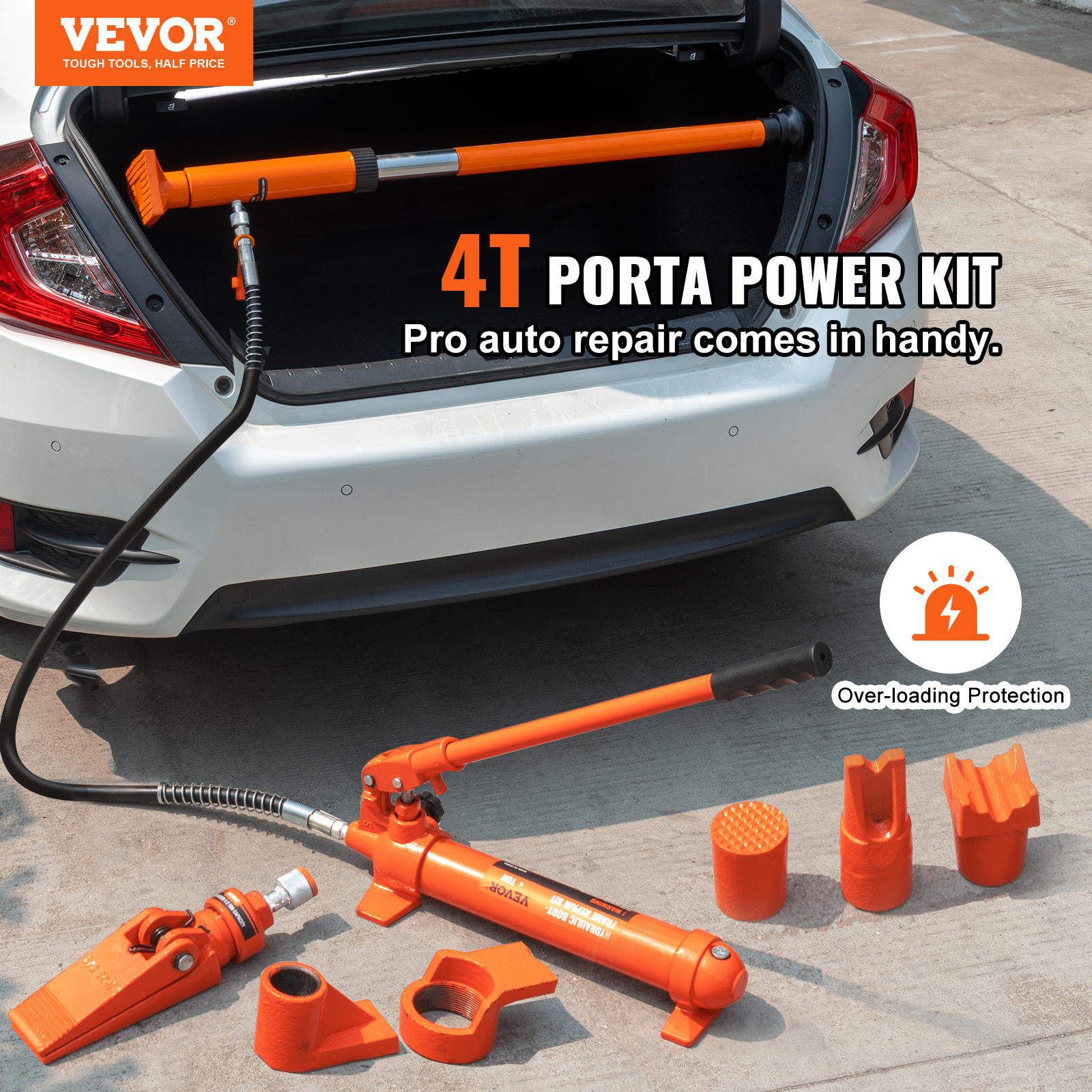 Kit de porta power naranja 4T con bomba hidráulica, cilindro y accesorios en el suelo de hormigón ante un maletero.