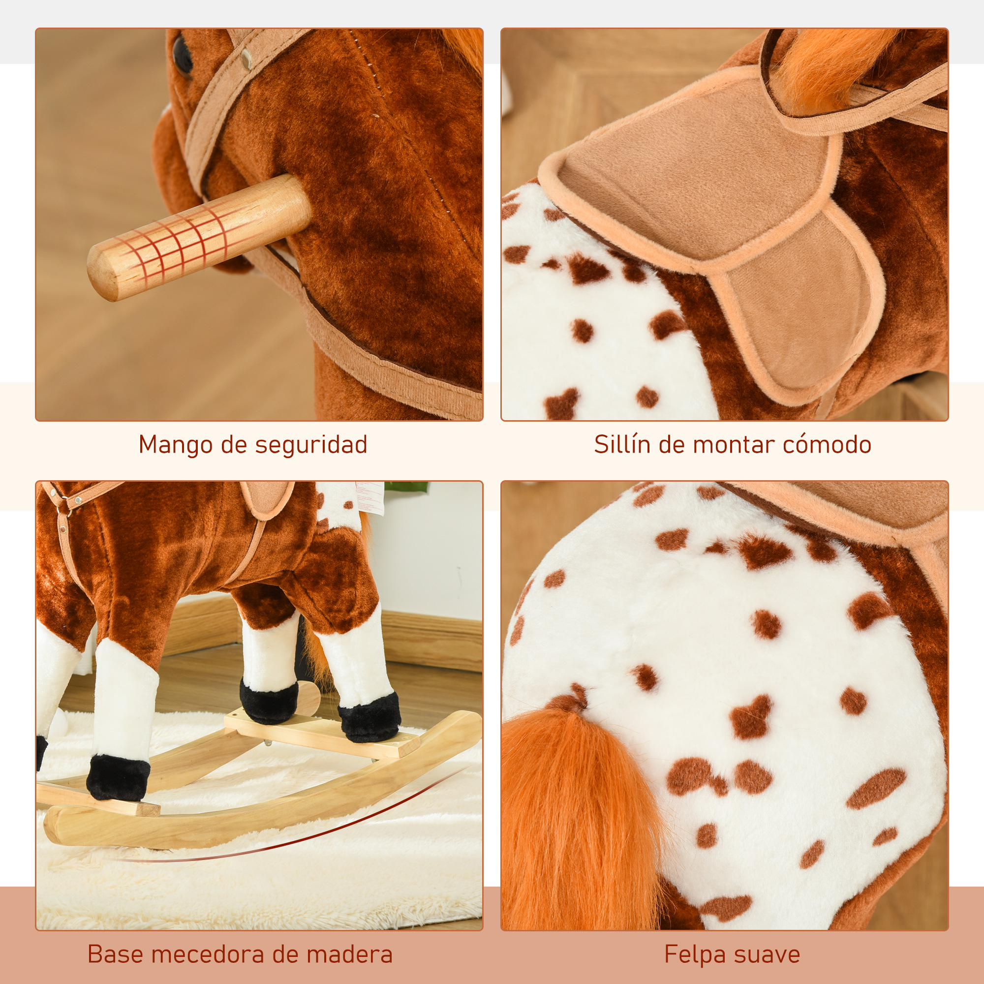 Cuatro paneles de un caballo balancín muestran mango de madera, silla, base de madera y pelaje suave.