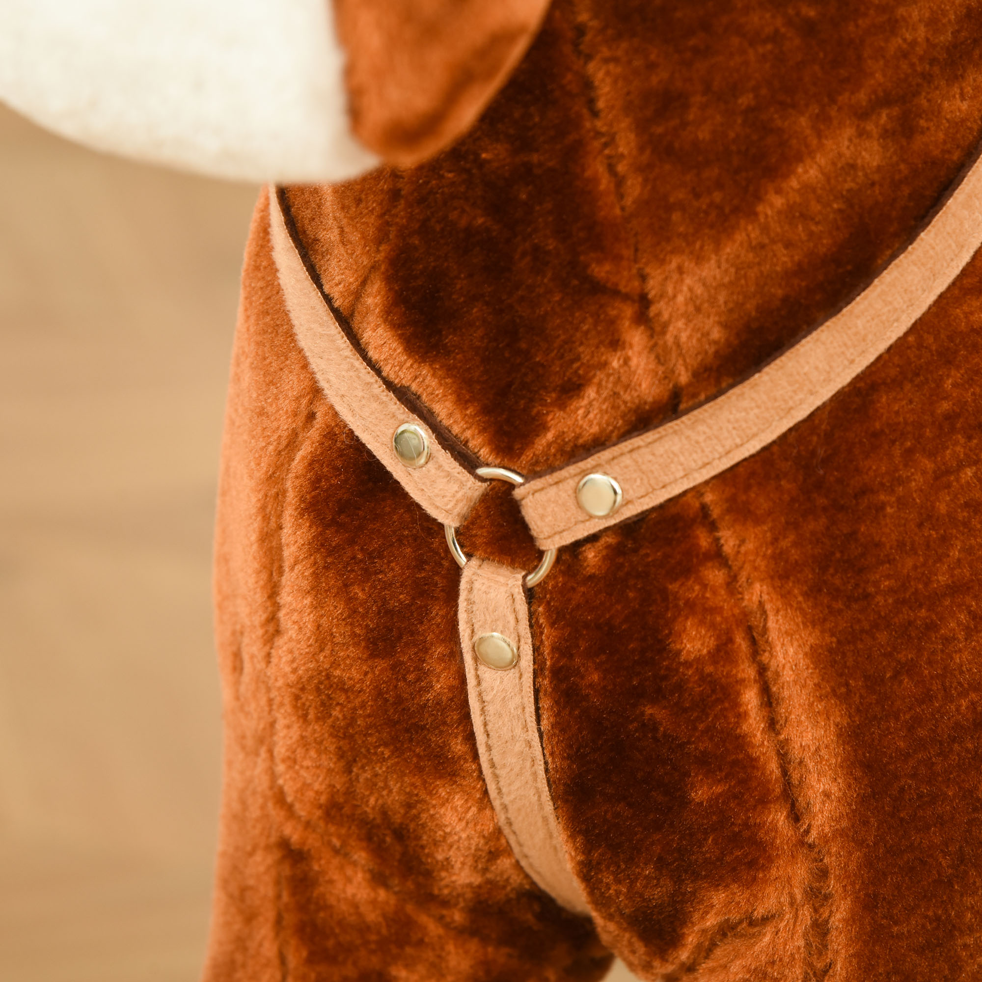 Primer plano de un peluche marrón con correas de tela beige, anillos y tachuelas.