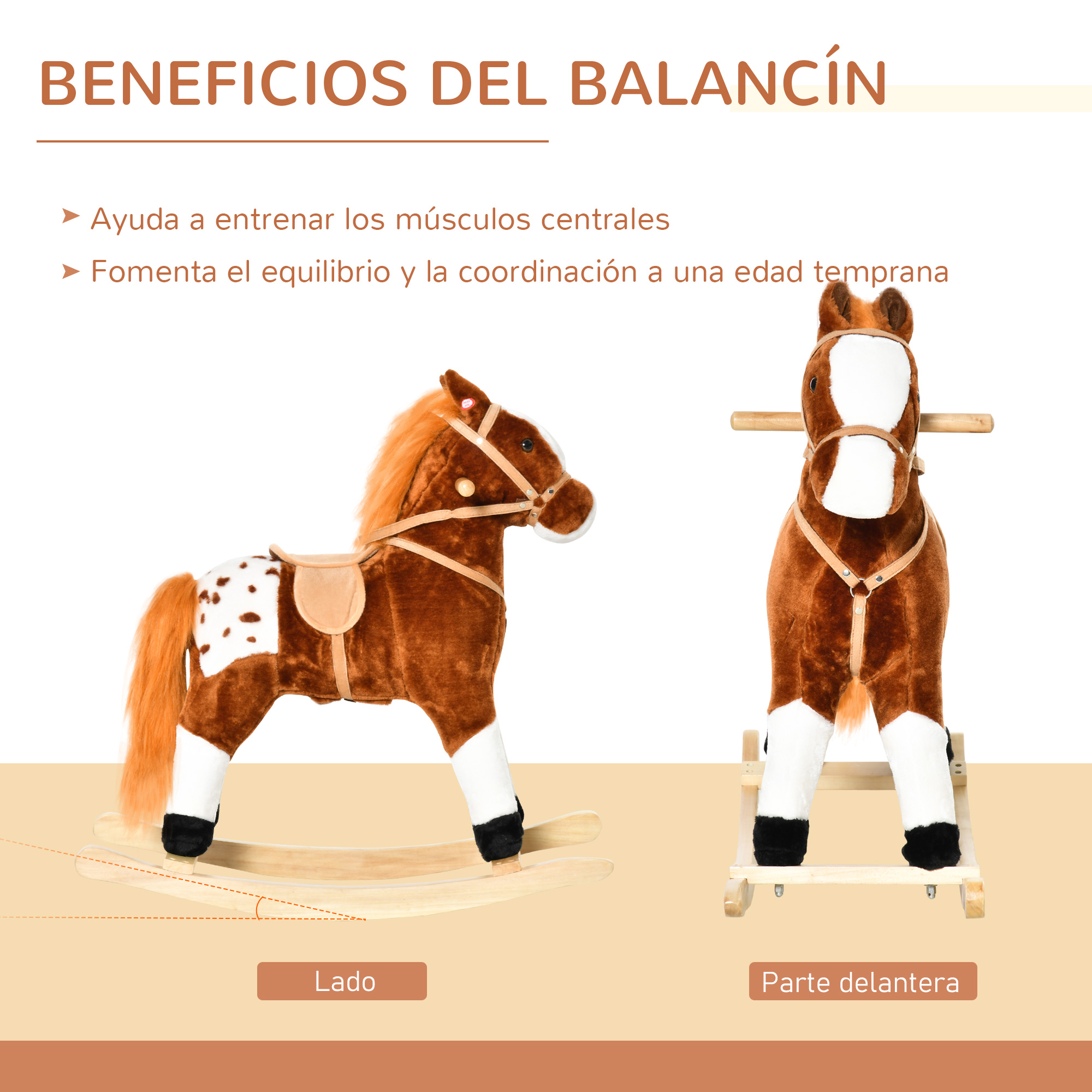 Dos vistas de un caballo balancín de peluche marrón con mancha blanca y patas de madera sobre fondo beige y blanco.