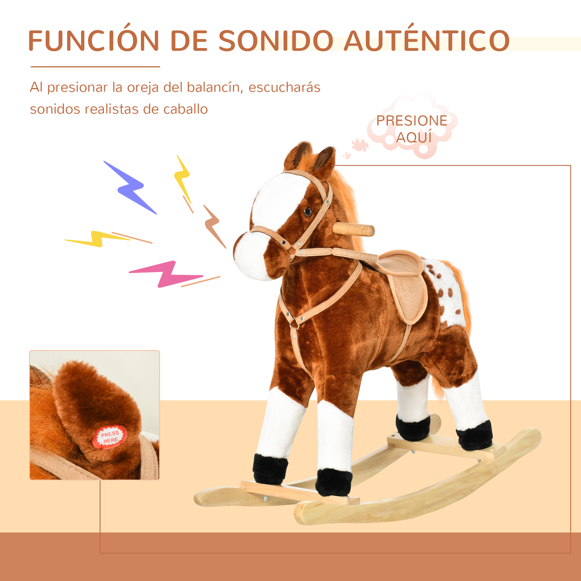 Caballo balancin de peluche marron y blanco con base de madera y boton de sonido.