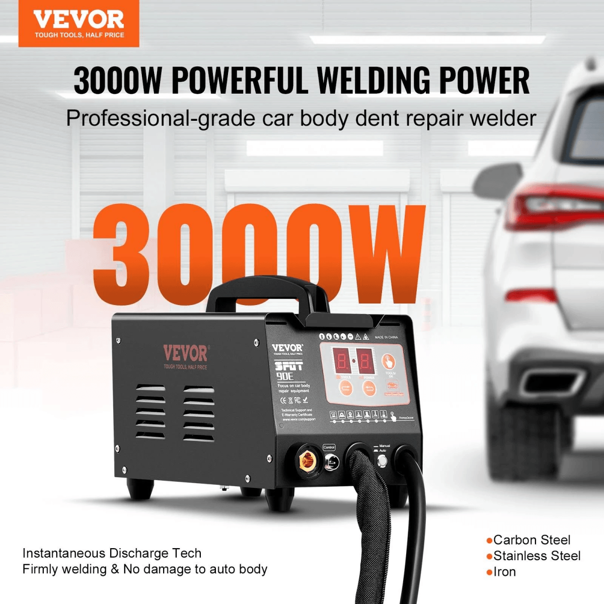 Una máquina de soldadura sacabollos VEVOR de 3000W frente a un coche en un taller.