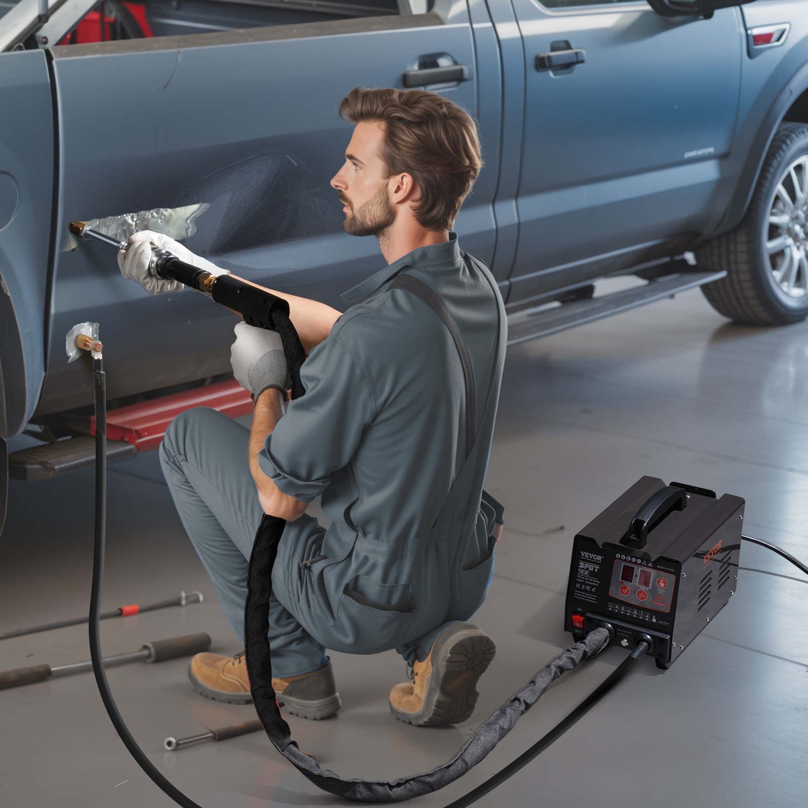 Mecánico con overol gris usa una herramienta de soldadura para reparar un auto.