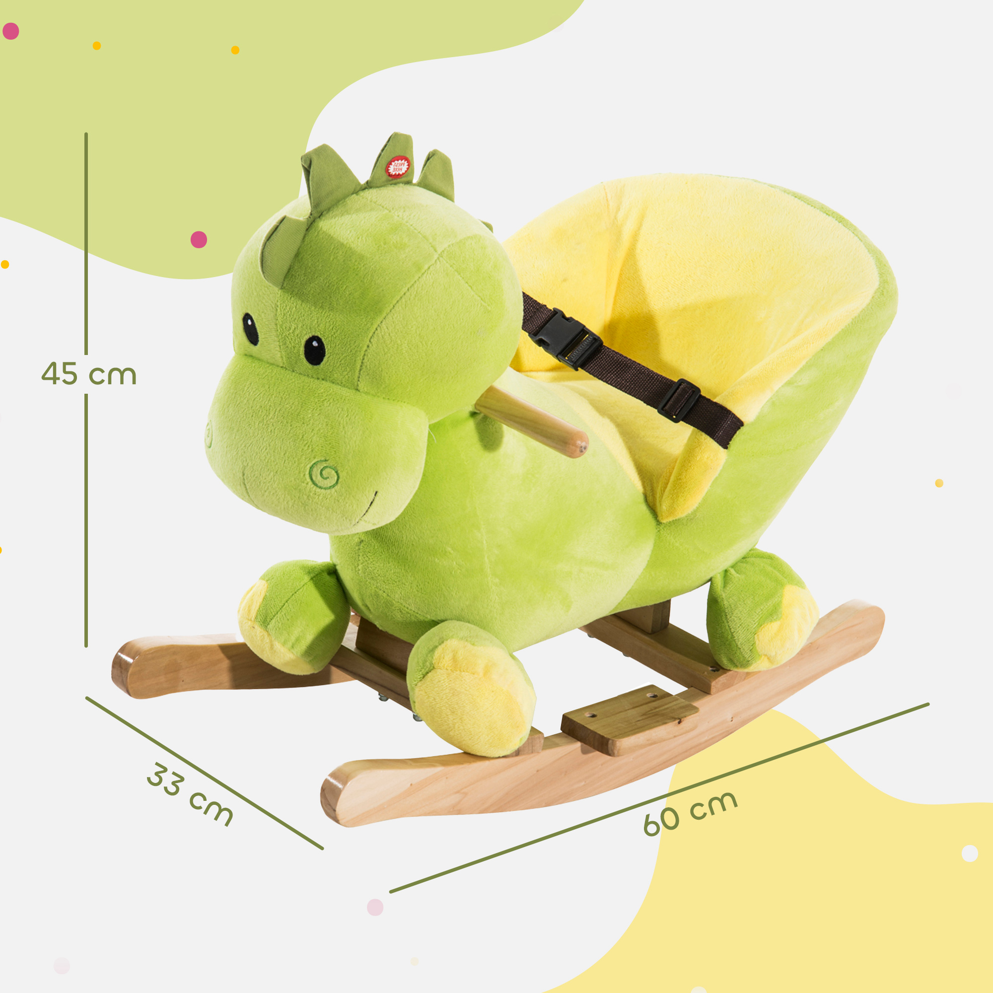 Juguete mecedor de dinosaurio de peluche verde con cinturón de seguridad y base de madera, de 60x33x45 cm.