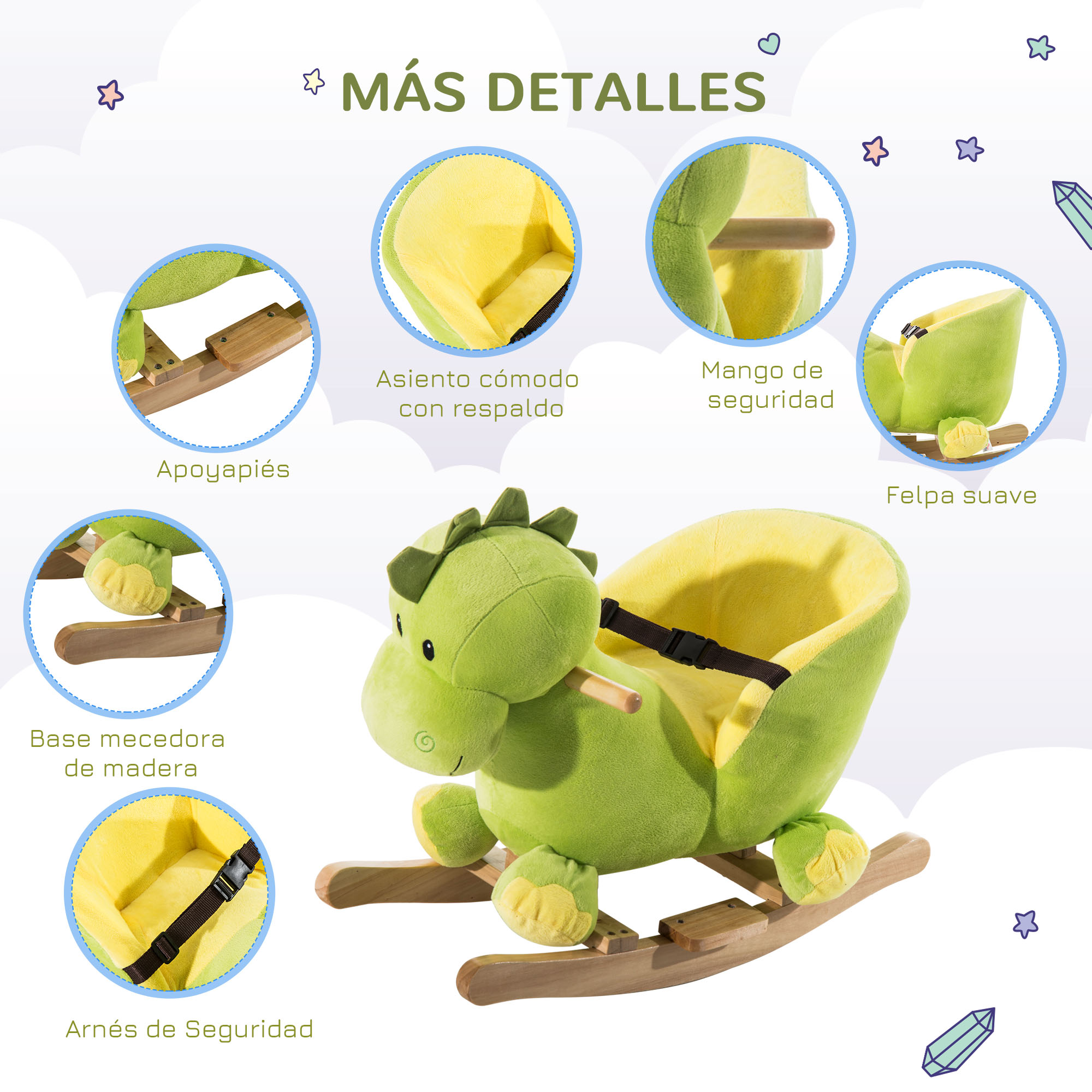 Juguete mecedor de dinosaurio verde con base de madera, asiento suave, cinturón de seguridad, reposapiés y asas.