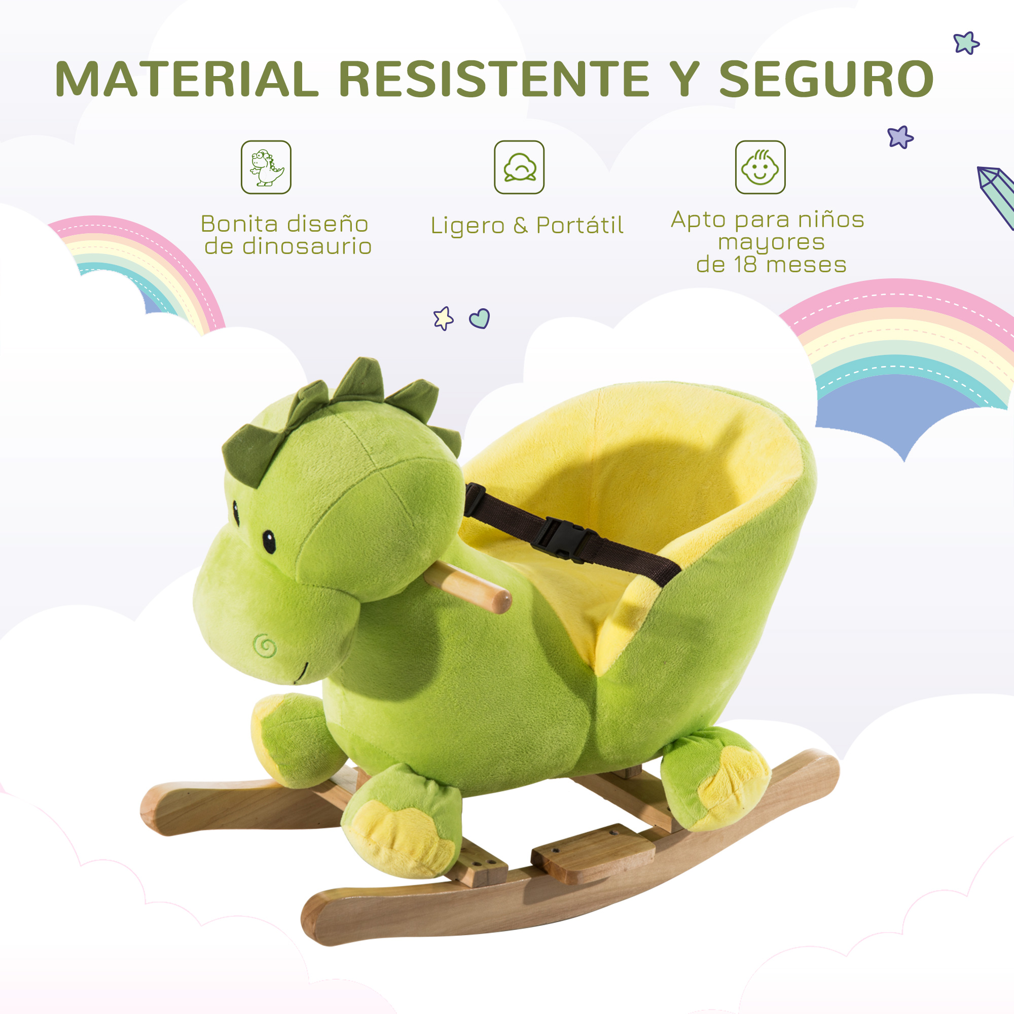 Una mecedora de peluche de dinosaurio verde con rieles de madera sobre un fondo nublado con arcoíris.