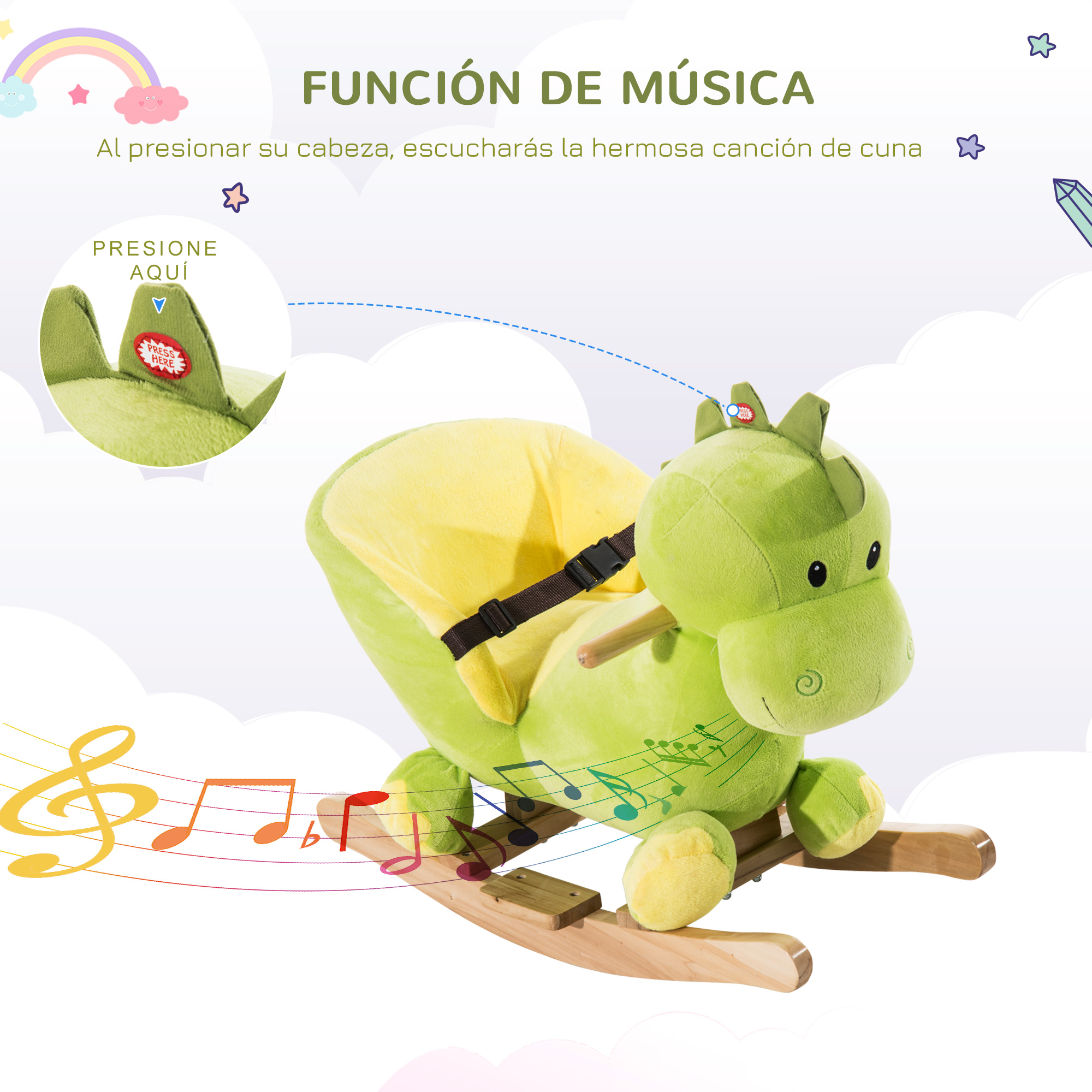 Un caballito mecedor de peluche verde con notas musicales, cinturón de seguridad y base de madera sobre fondo blanco.