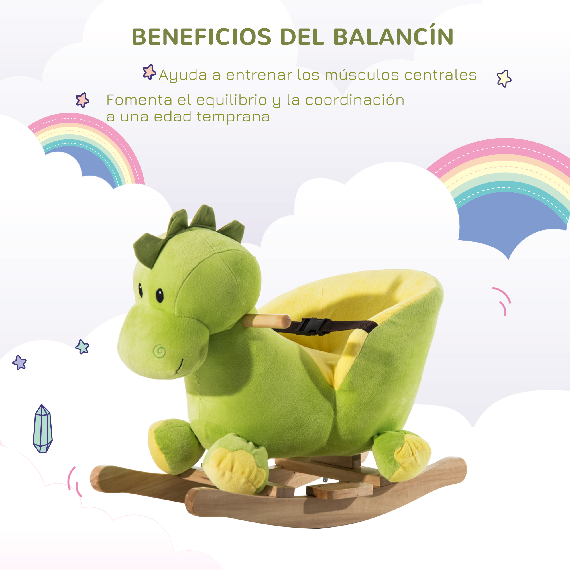 Un juguete balancín de dinosaurio de felpa verde sobre balancines de madera contra un cielo nublado con arcos iris.