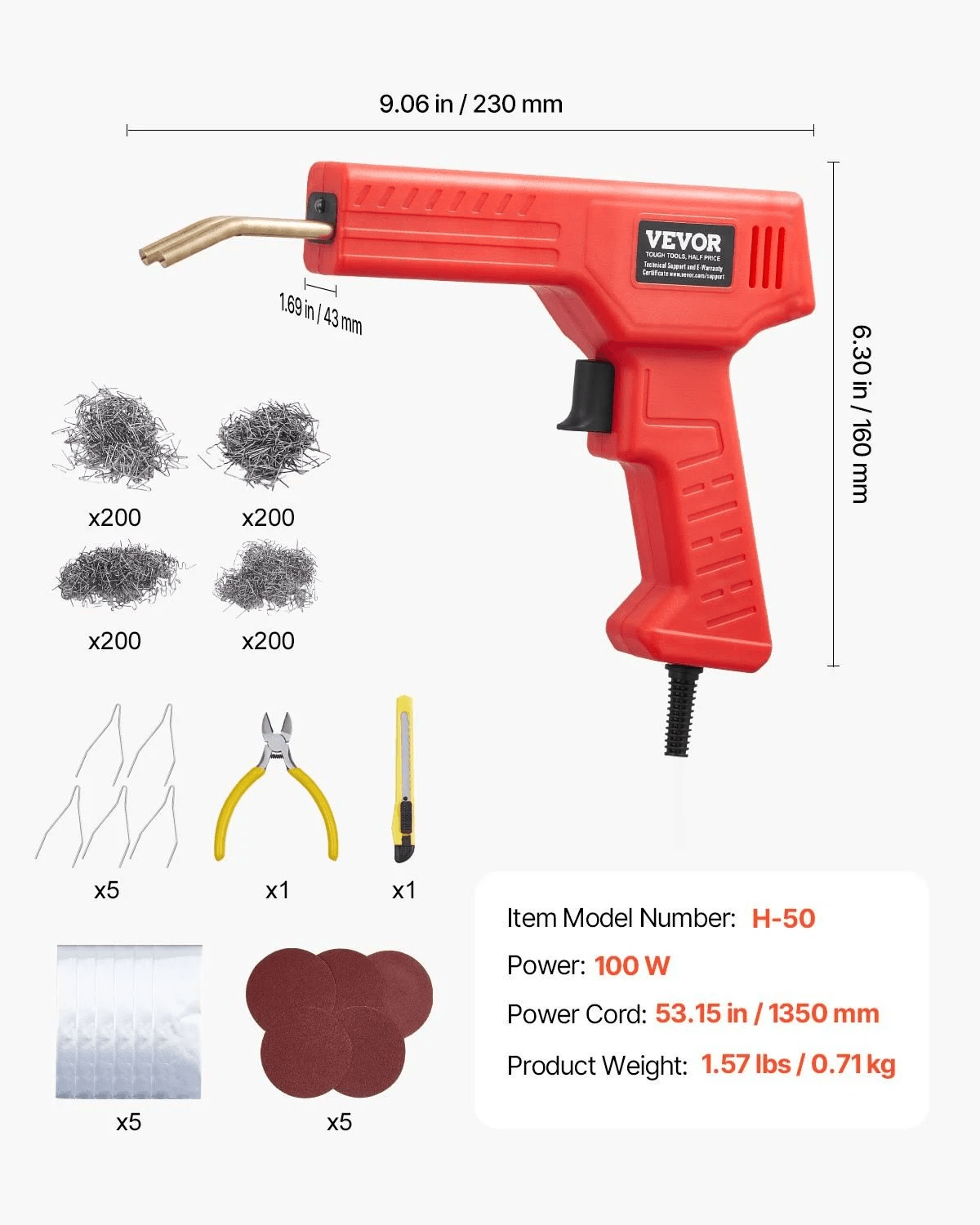Kit de grapadora roja con grapas, alicates, cúter y lija, mostrando dimensiones y especificaciones.