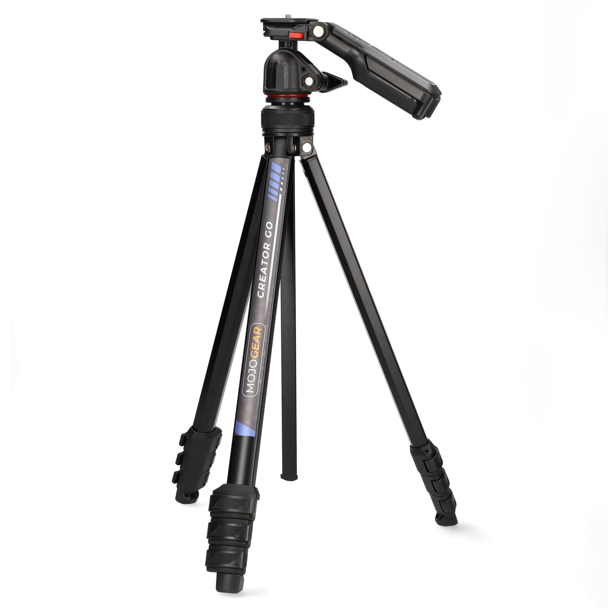A black MojoGear Creator Go tripod with a handle on a white background.