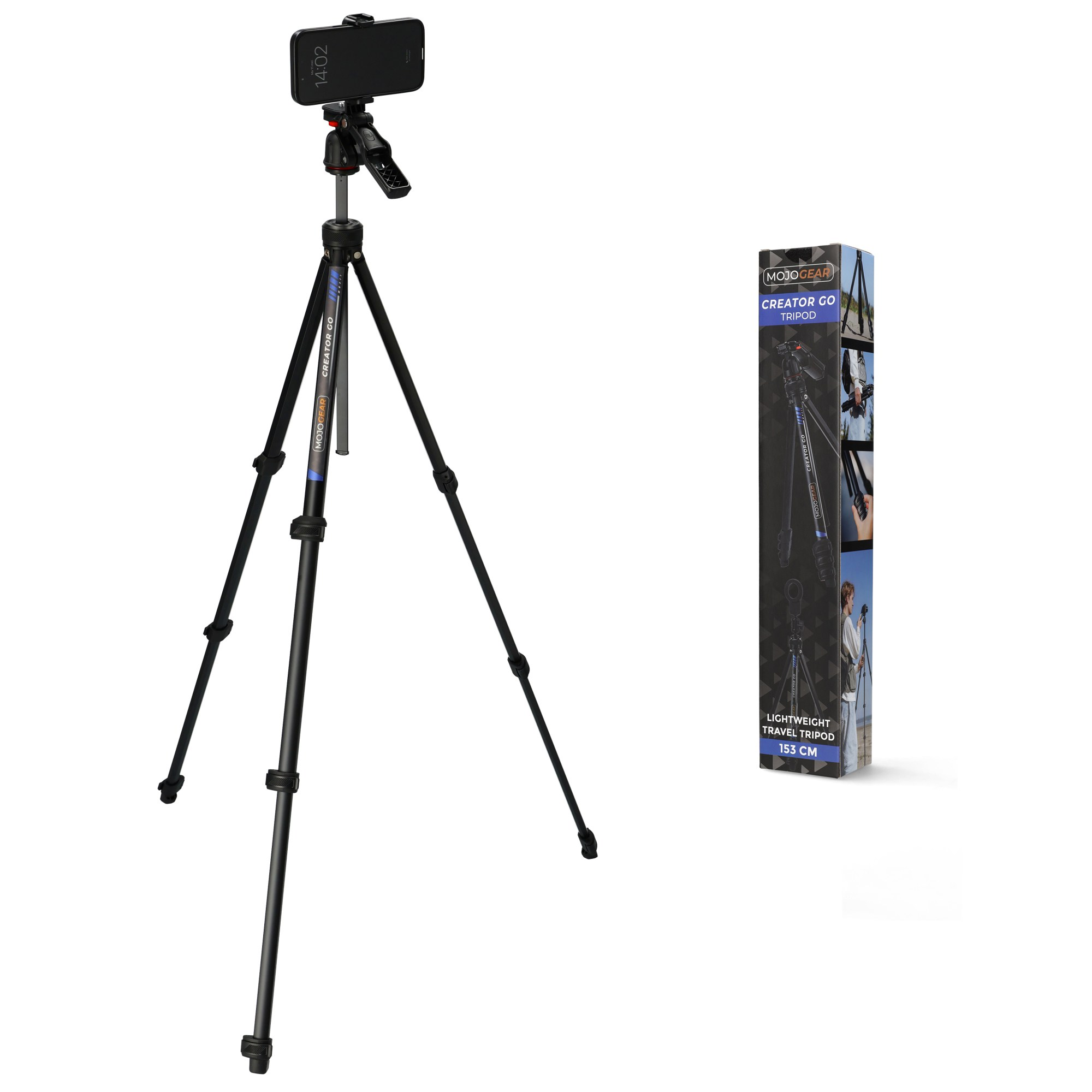 A black MojoGear travel tripod holding a smartphone, with its product packaging box beside it on a white background.
