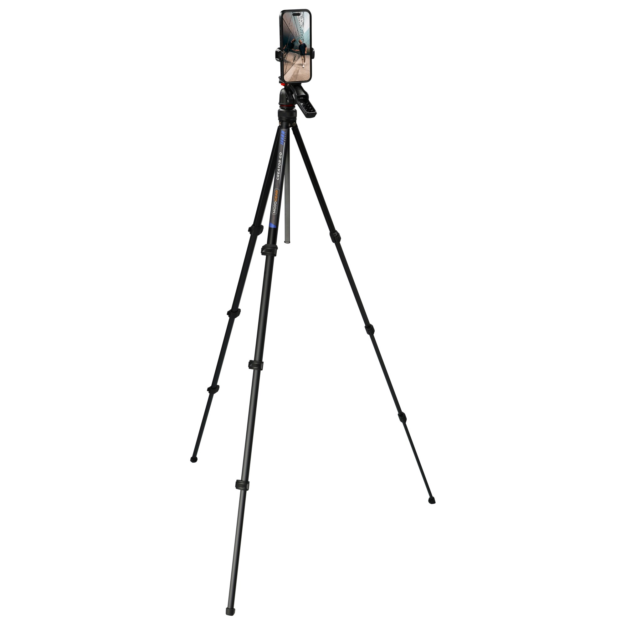 A black tripod with extendable legs and a smartphone holder on top, set against a white background.