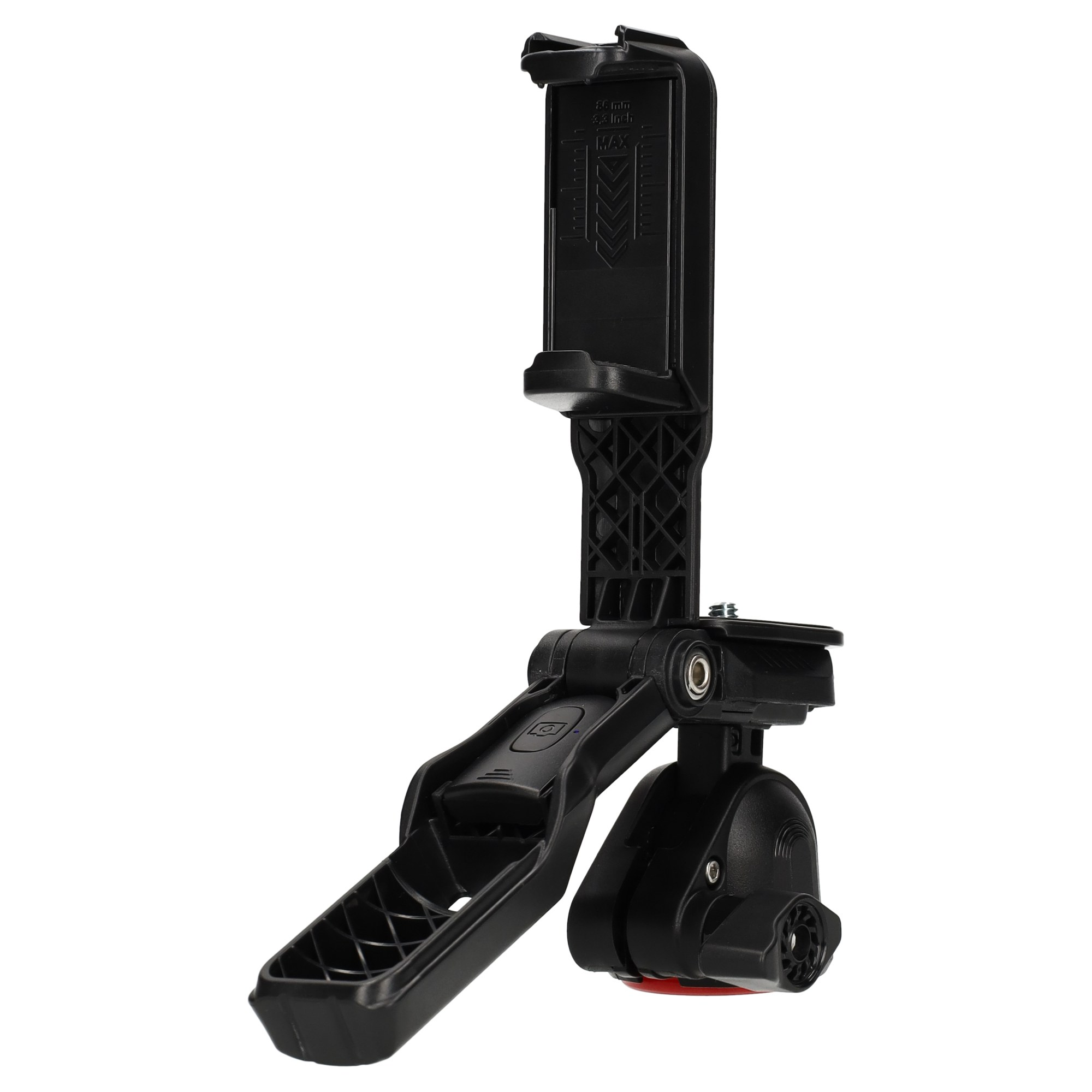 A black plastic smartphone mount with an adjustable clamp and pivoting base against a white background.