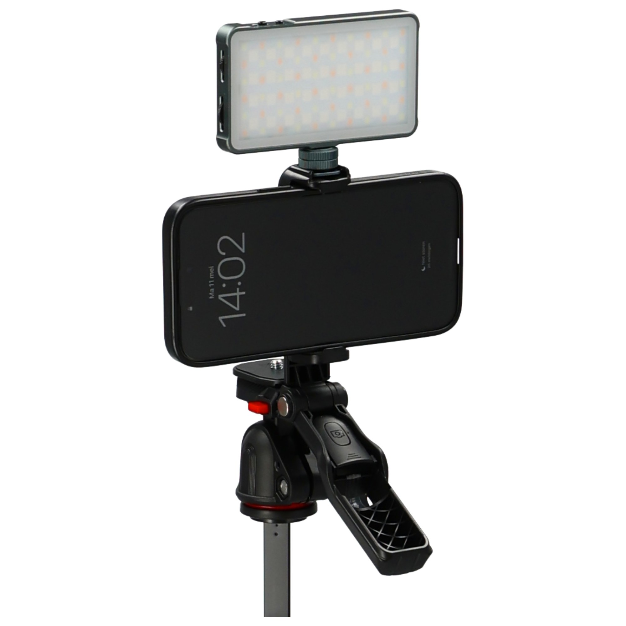 Smartphone in a mount on a tripod, with a rectangular LED light attached to the top.