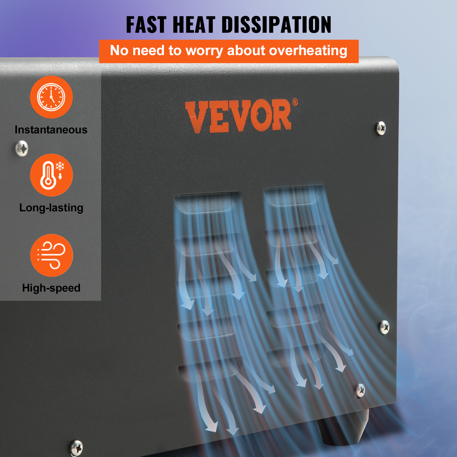 Dispositivo VEVOR gris con líneas de flujo de aire azules, que muestra refrigeración.