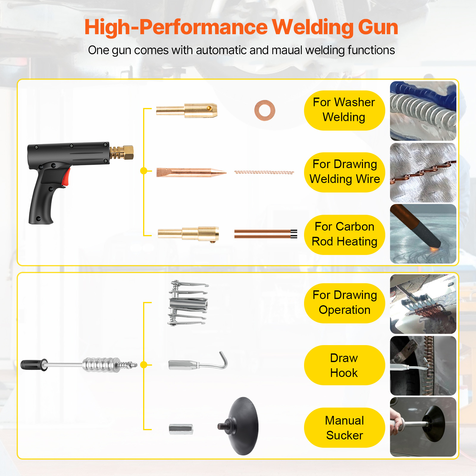Pistola de soldadura de alto rendimiento con funciones automáticas y manuales y varios accesorios.