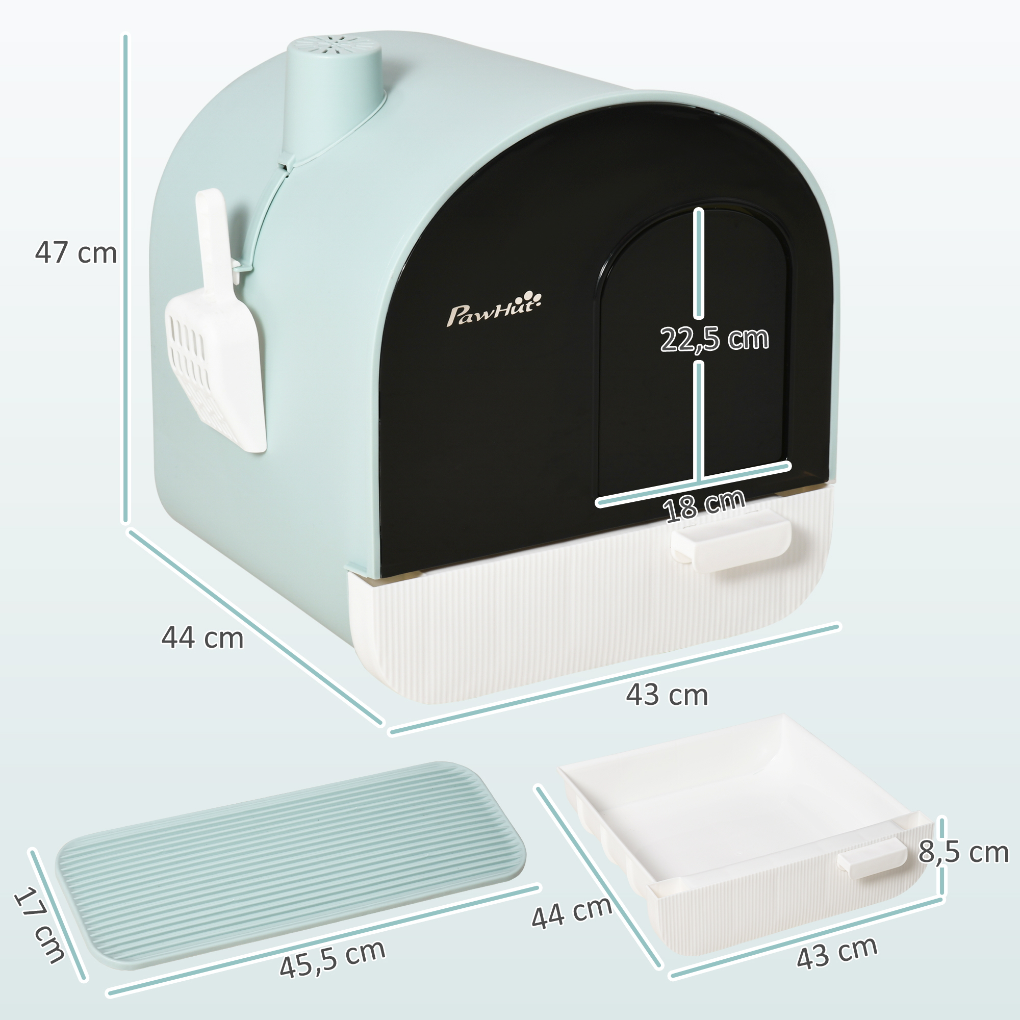 Caja de arena para gatos azul y negra con dimensiones, pala, estera y cajón.