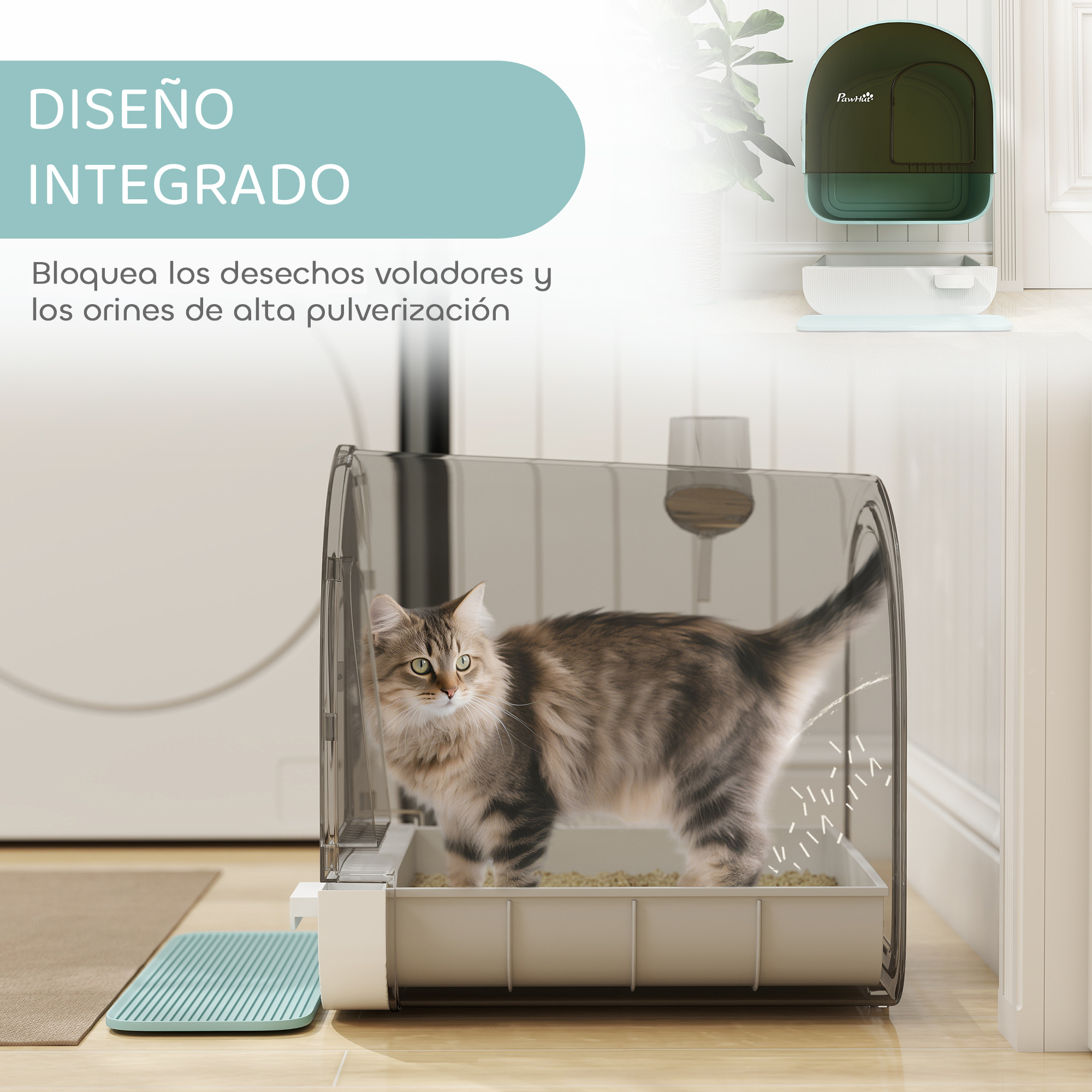 Un gato atigrado dentro de un arenero cerrado transparente, con líneas que muestran líquido salpicando la pared.