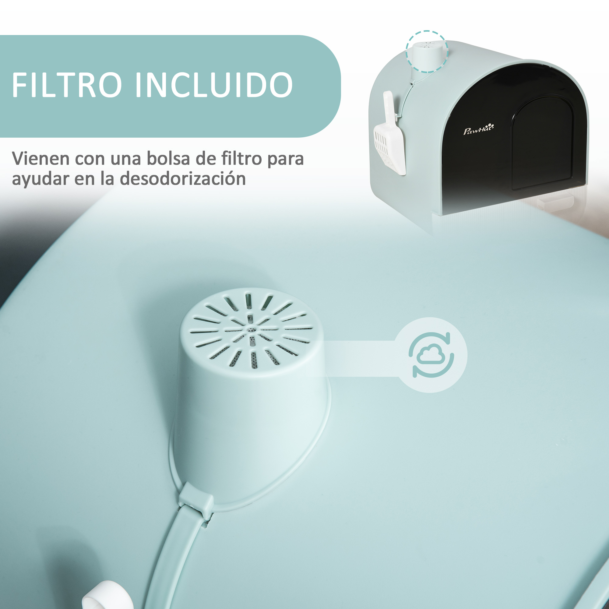 Arenero para gatos con filtro incluido para desodorización.