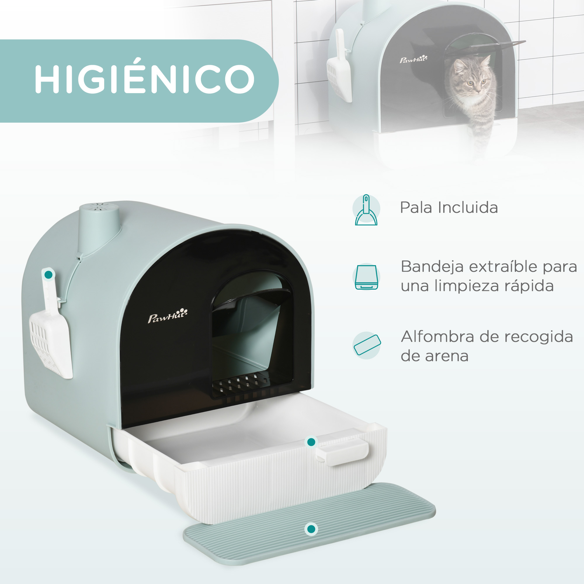 Arenero para gatos azul con cajón extraíble, pala y alfombrilla sobre fondo blanco.