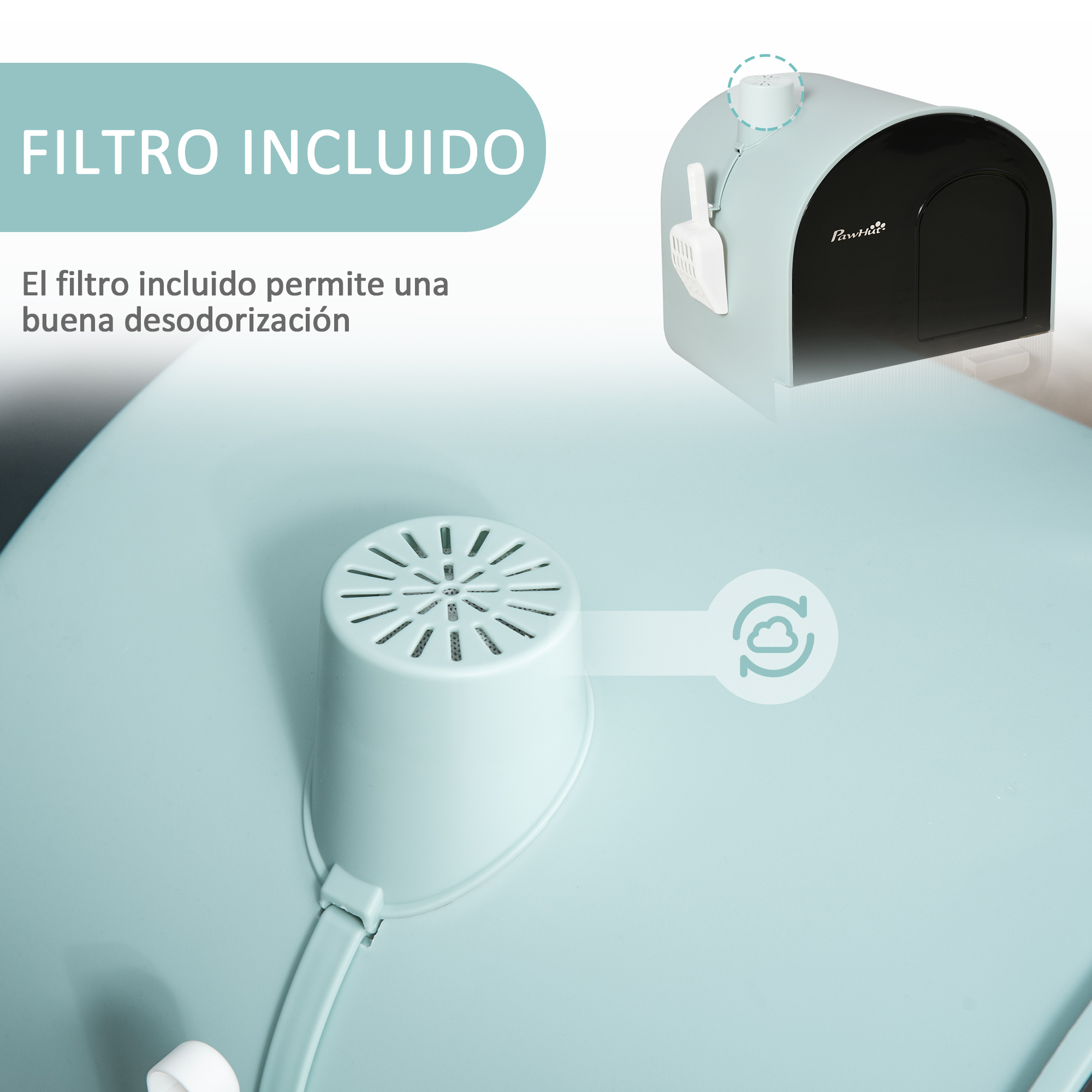 Caja de arena azul para gatos con filtro y pala, texto en español.