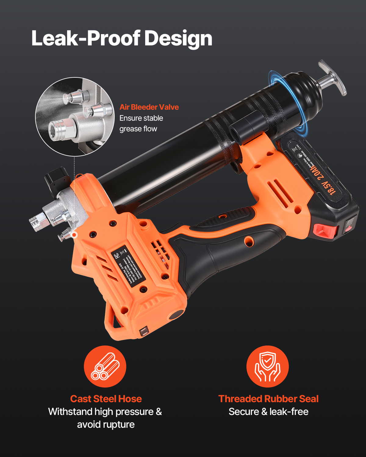 Pistola de grasa inalámbrica con carcasa naranja y válvula de purga de aire.