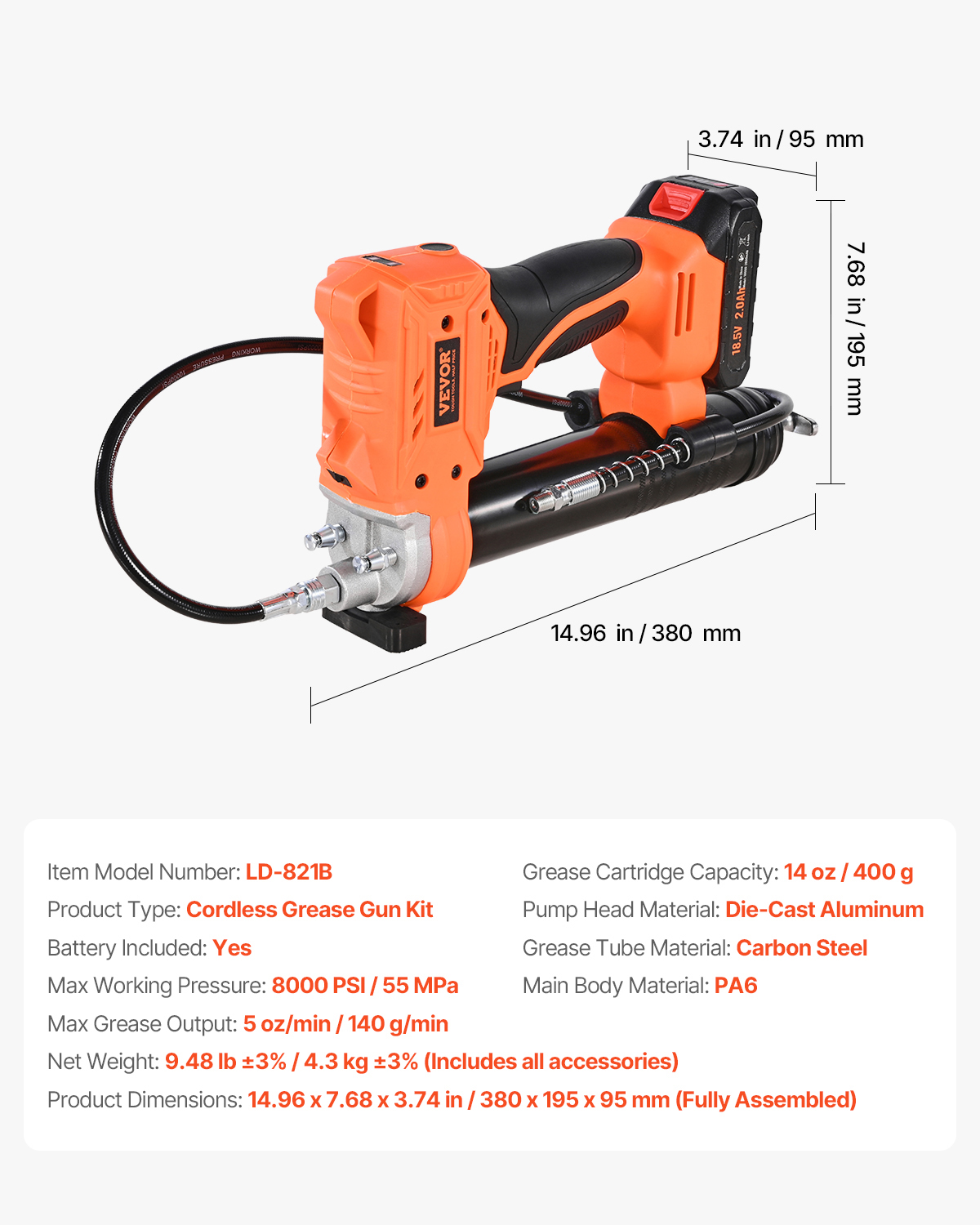 Pistola de grasa inalámbrica naranja con dimensiones y especificaciones técnicas.
