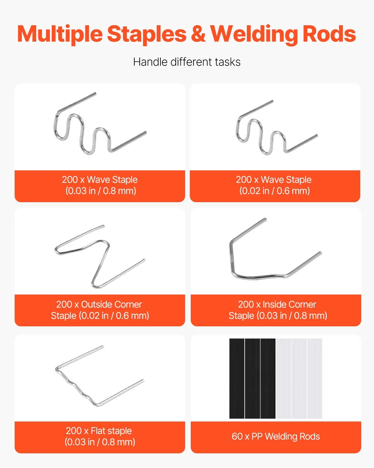 Un gráfico instructivo que muestra diferentes tipos de grapas metálicas y varillas de soldadura.