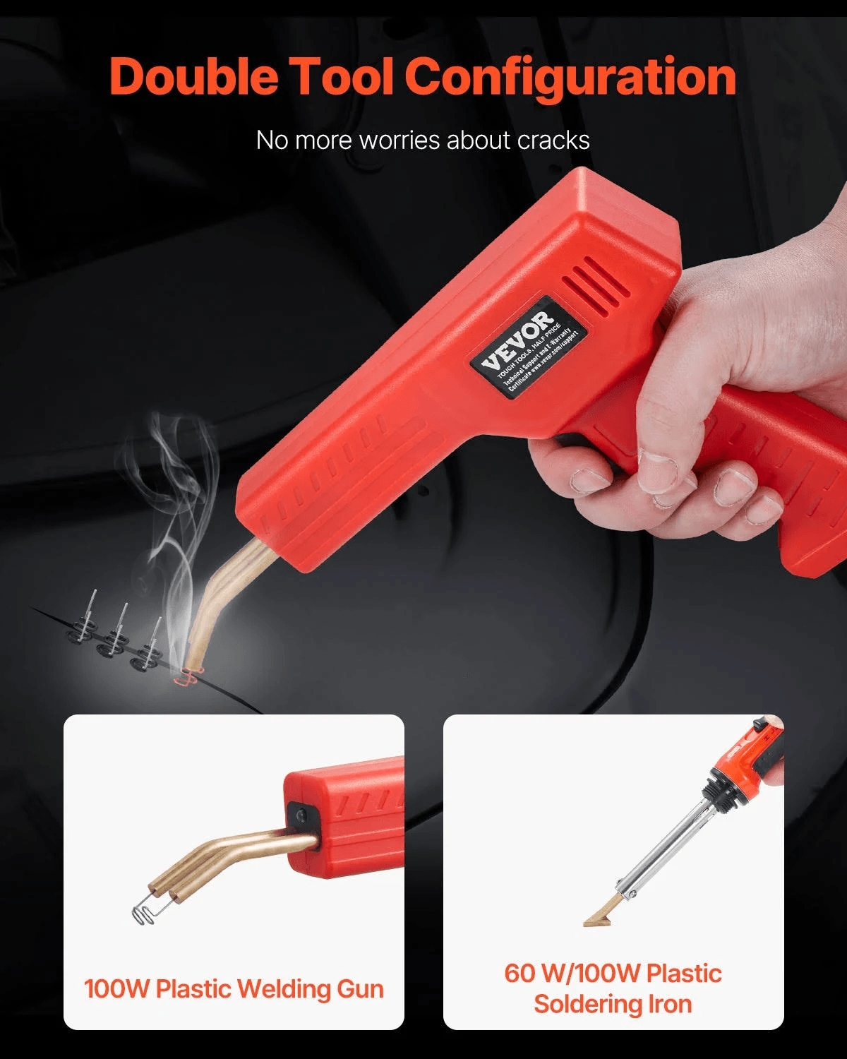 Una pistola de soldar de plastico roja repara una grieta, con imagenes insertadas de una punta y un soldador.
