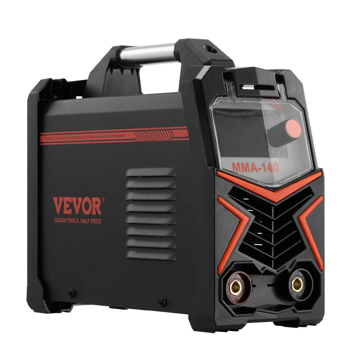 Una máquina de soldar portátil negra VEVOR MMA-140 con detalles en rojo y pantalla digital sobre fondo blanco.