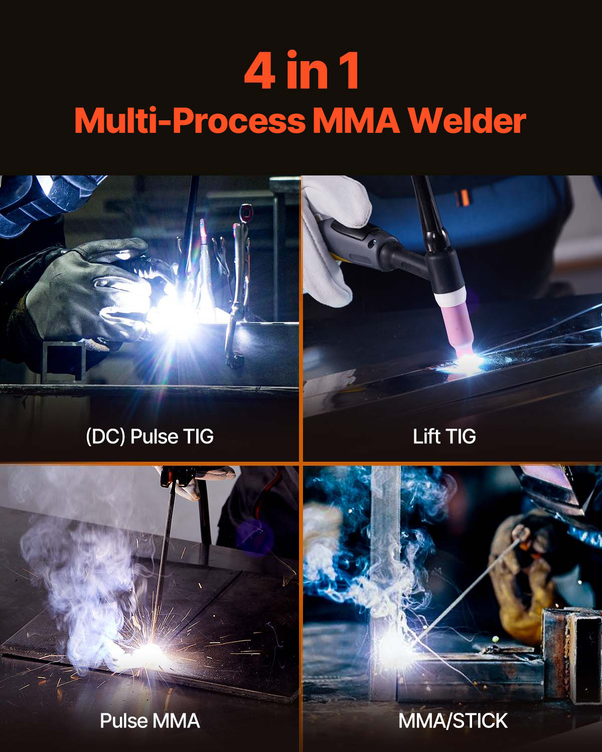 Cuatro paneles muestran procesos de soldadura: (DC) Pulse TIG, Lift TIG, Pulse MMA y MMA/STICK.