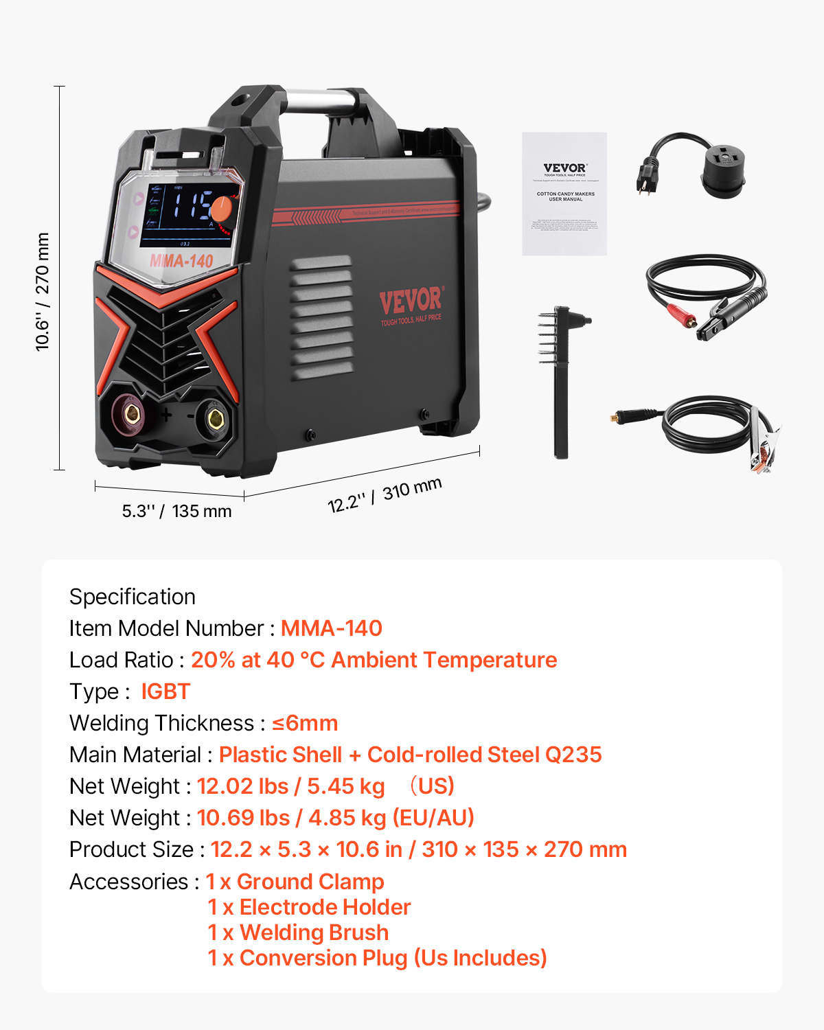 Máquina de soldar Vevor MMA-140 con accesorios y especificaciones técnicas.