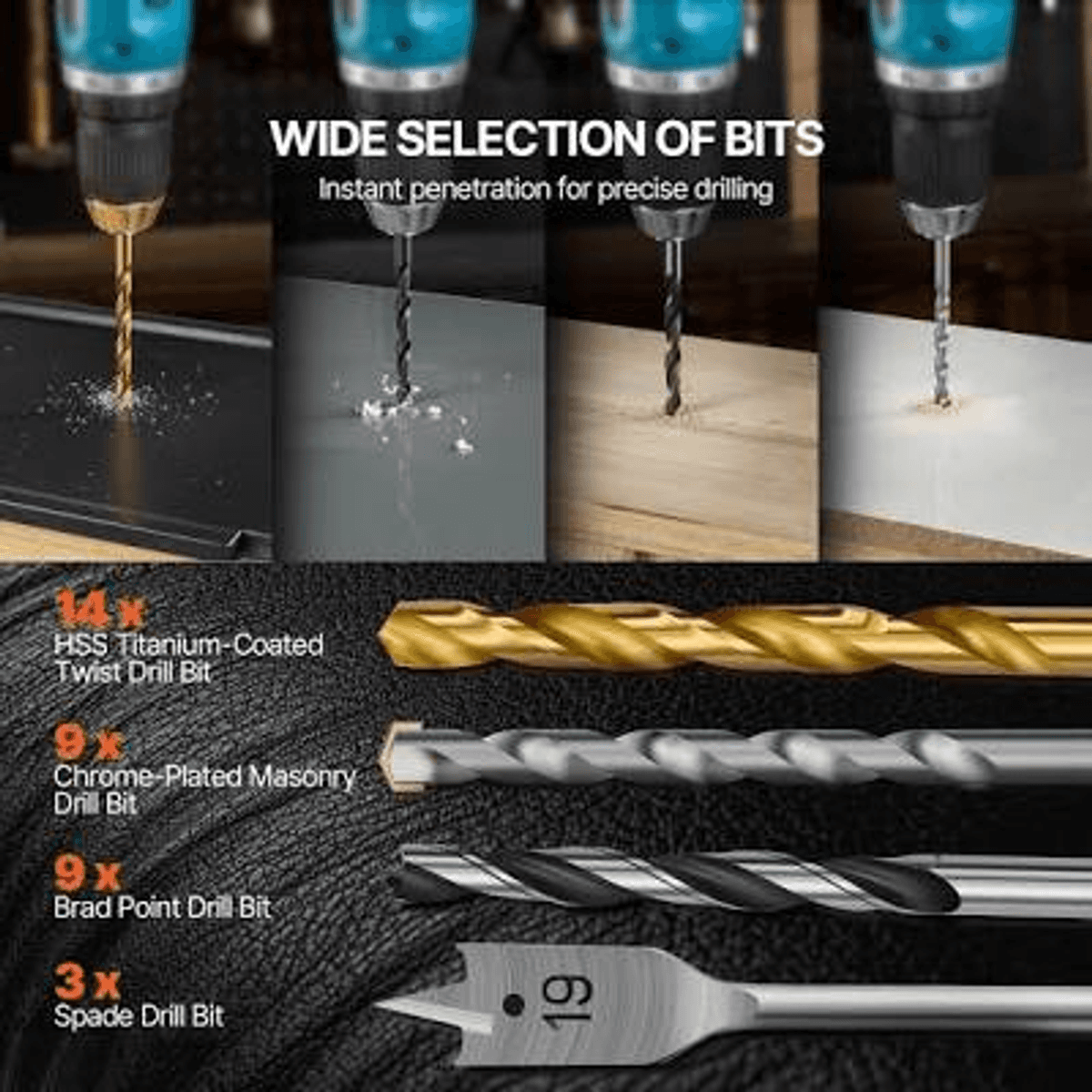 Anuncio de brocas que muestra cuatro tipos y el texto Wide selection of bits.