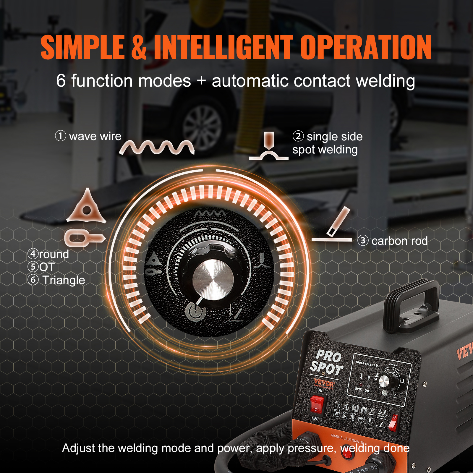 Máquina de soldadura Pro Spot con seis modos, diales de control e indicadores.
