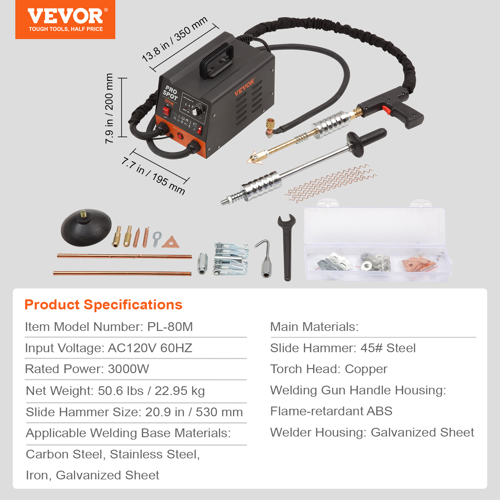 Soldador Pro Spot con herramientas y dimensiones, incluyendo pistola de soldar, accesorios y caja de piezas pequeñas.
