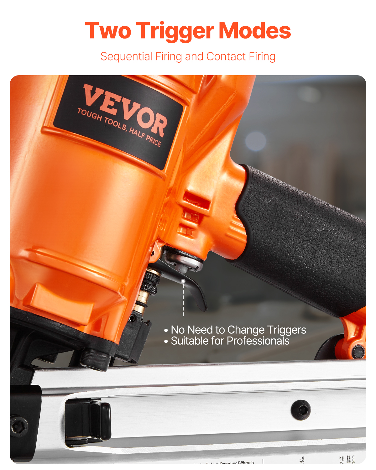 Primer plano de una pistola de clavos naranja VEVOR con mango negro y texto sobre modos de disparo.