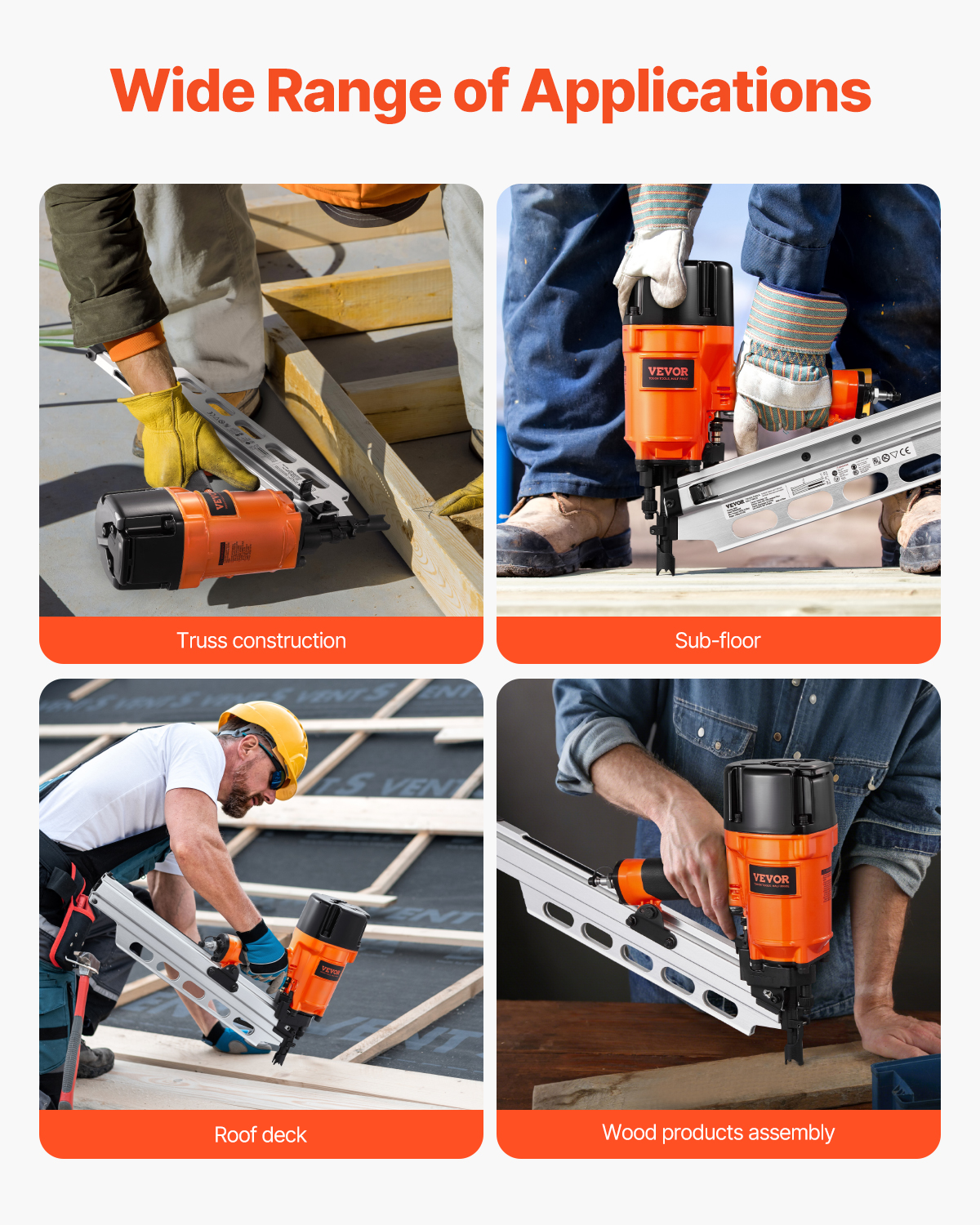 Cuatro imágenes muestran diversas aplicaciones de construcción de una pistola de clavos Vevor naranja.