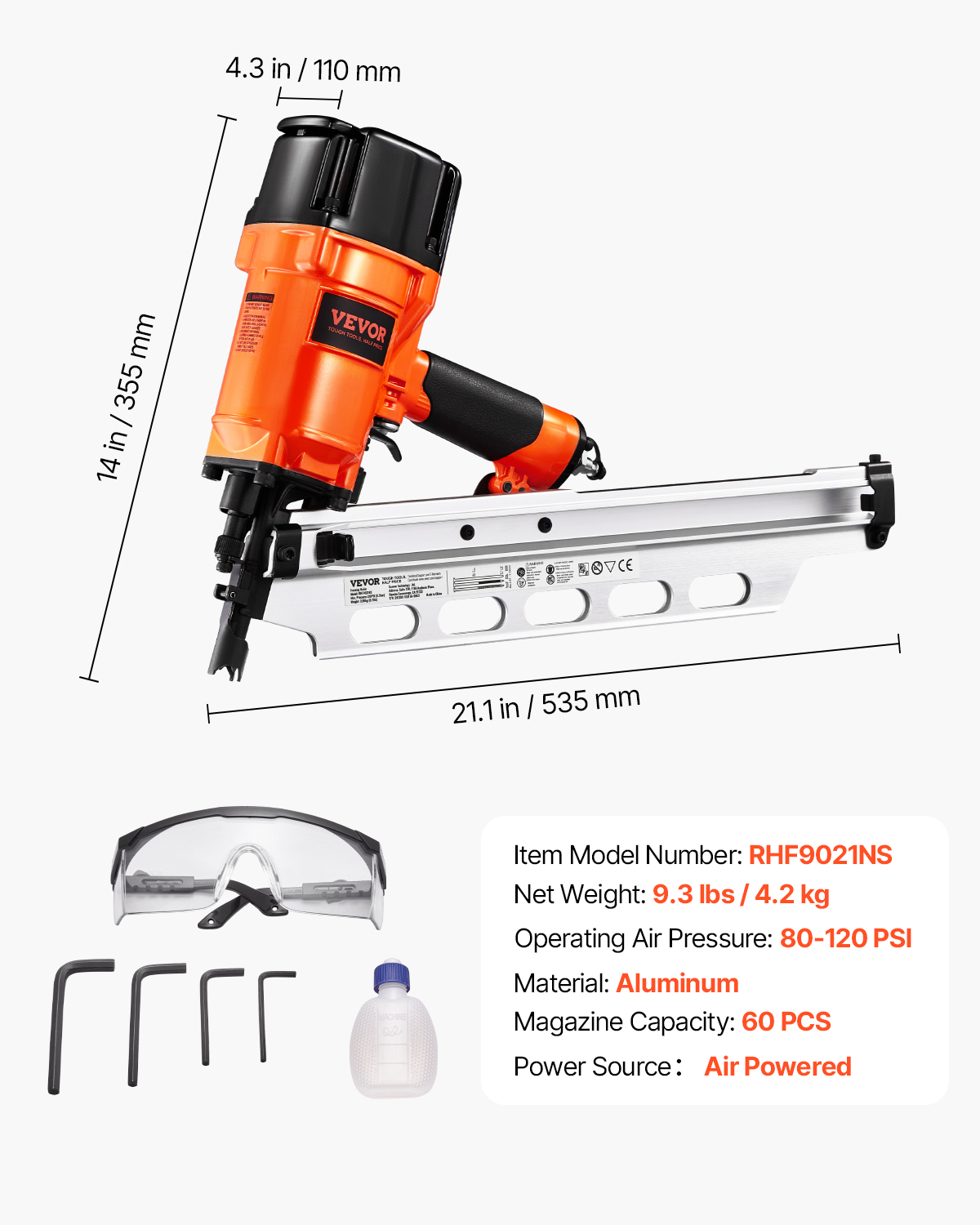 Clavadora de estructura VEVOR naranja y negra con dimensiones, gafas, cuatro llaves hexagonales, aceite y especificaciones.