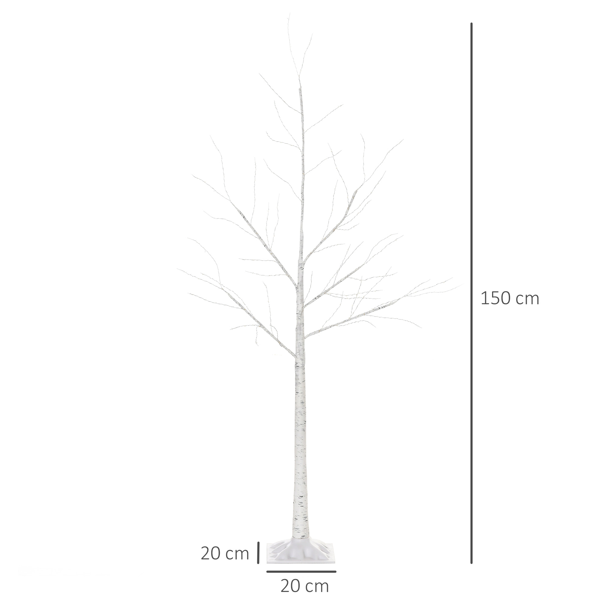 Un árbol artificial blanco de 150 cm con una base de 20x20 cm sobre un fondo claro.
