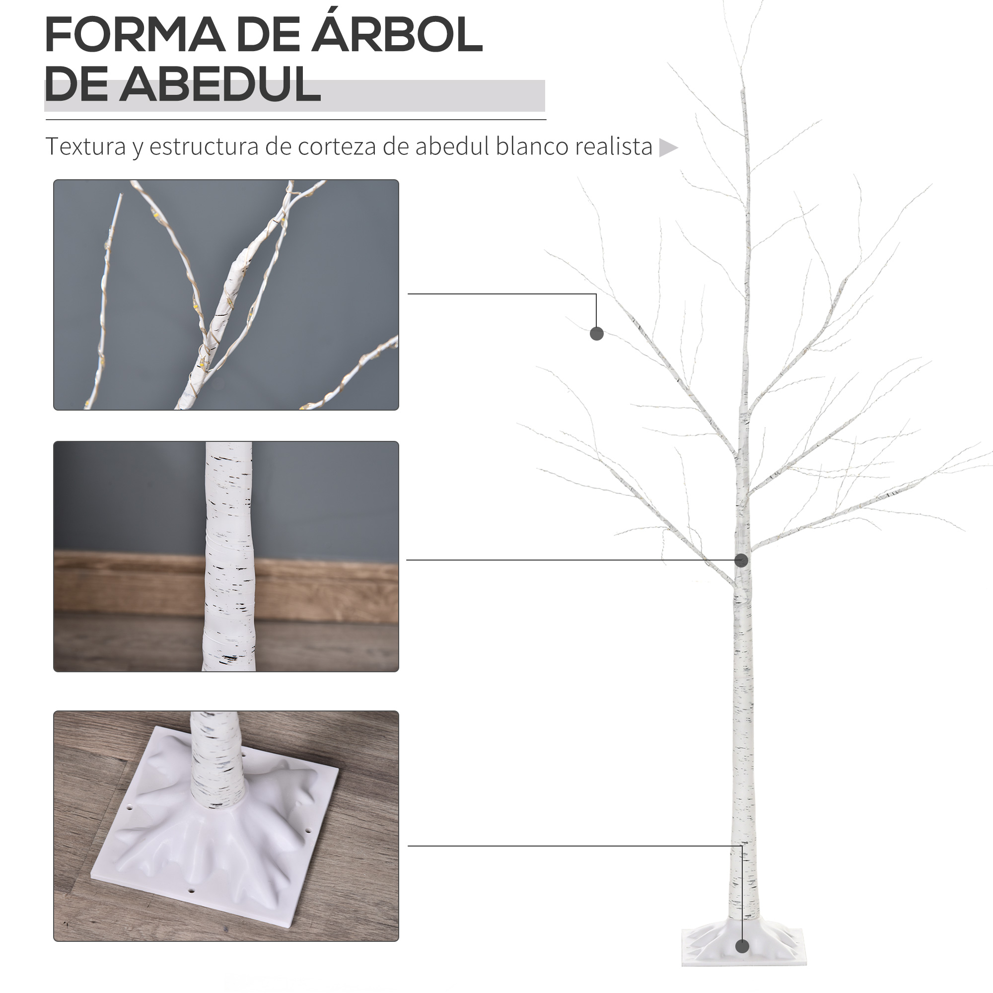Diagrama de un árbol de abedul LED blanco con detalles de ramas, tronco y base cuadrada.