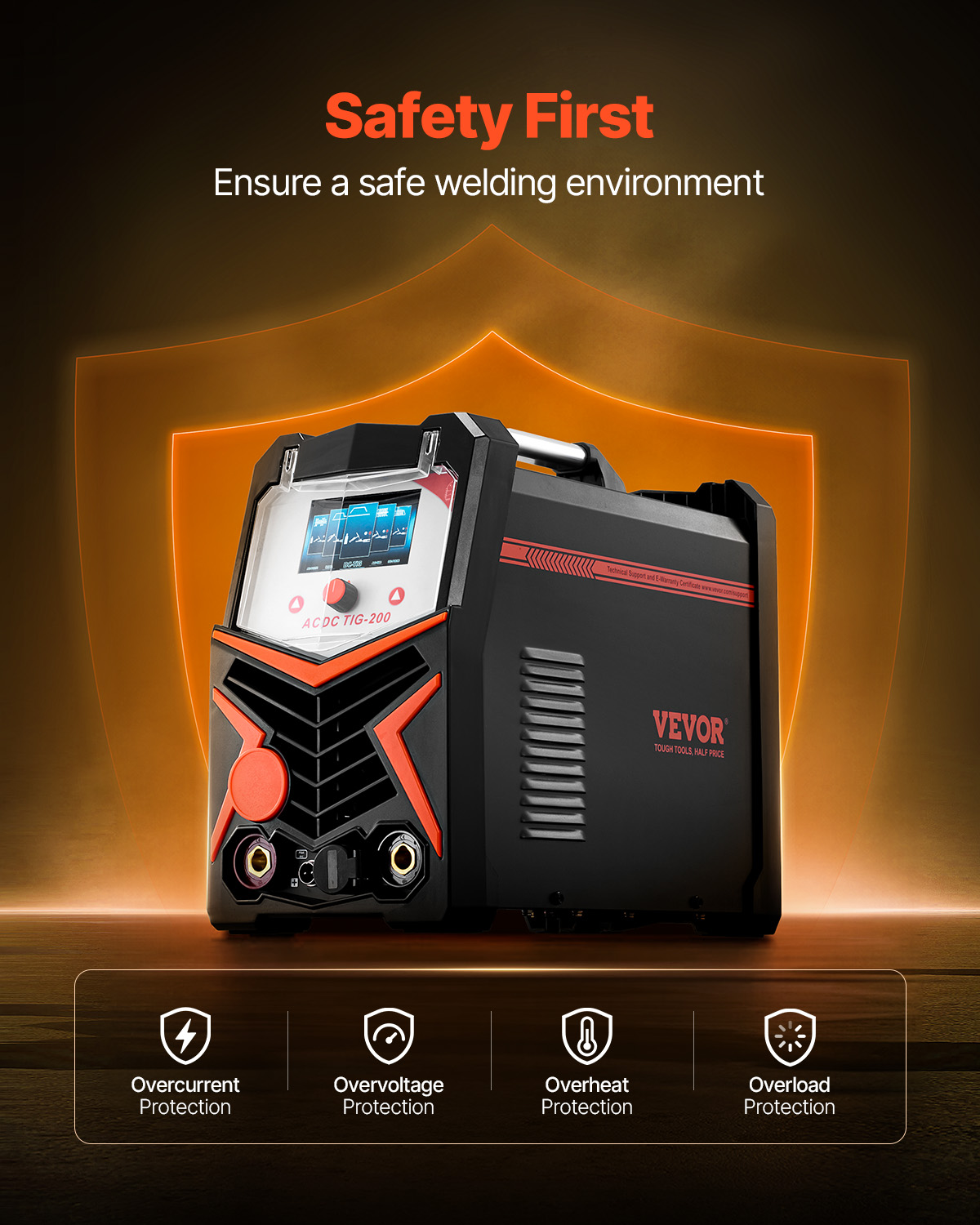 Máquina de soldar VEVOR AC/DC TIG-200 negra y roja frente a un escudo naranja con características de seguridad abajo.