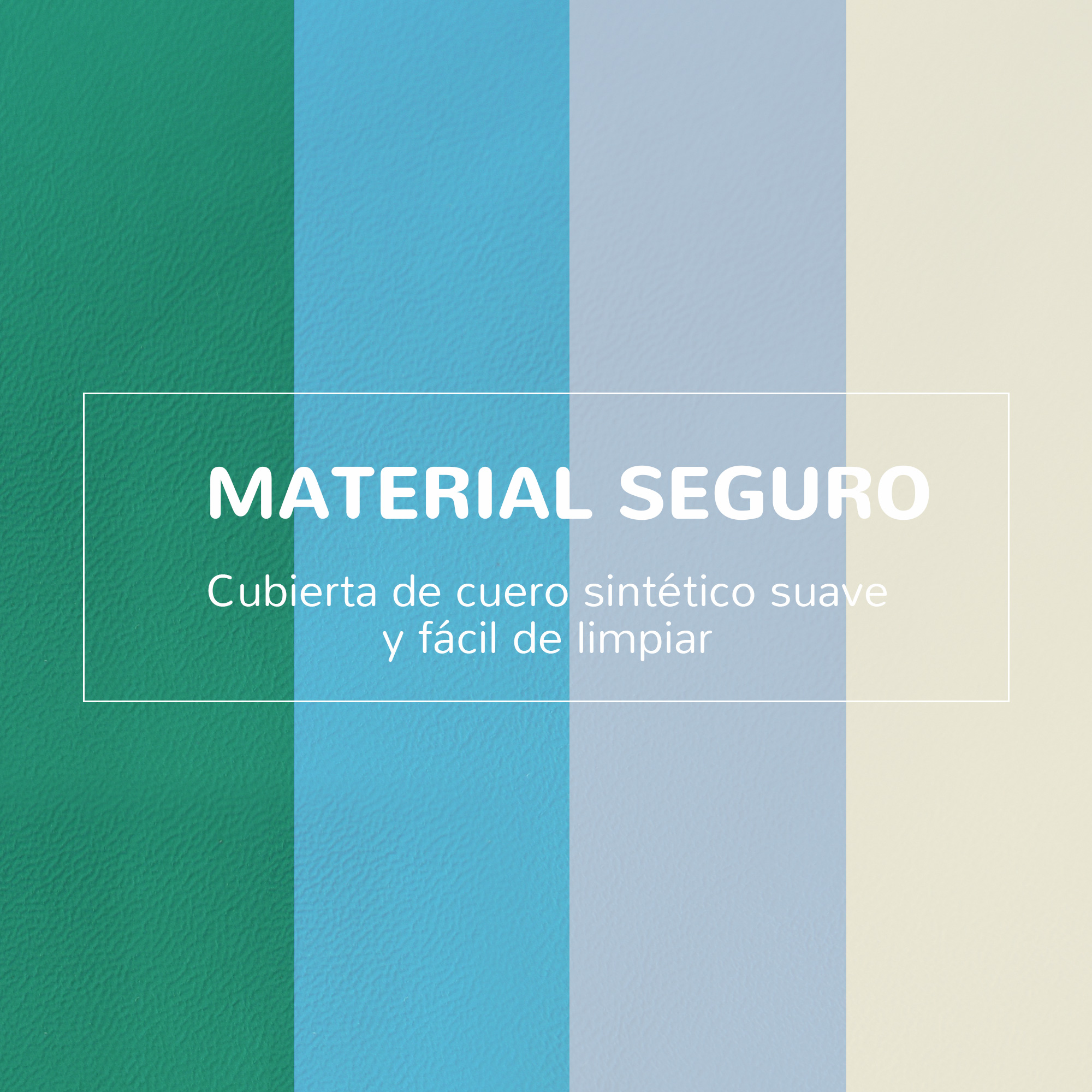 Cuatro franjas de colores y texto sobre material seguro y cuero sintético.